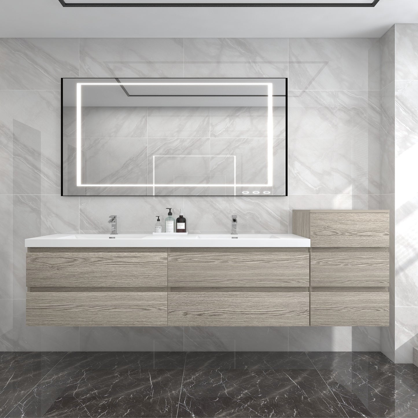 BOW 92" Double Sink Vanity in Teak Oak & BOW Side Cabinet - Better Vanity