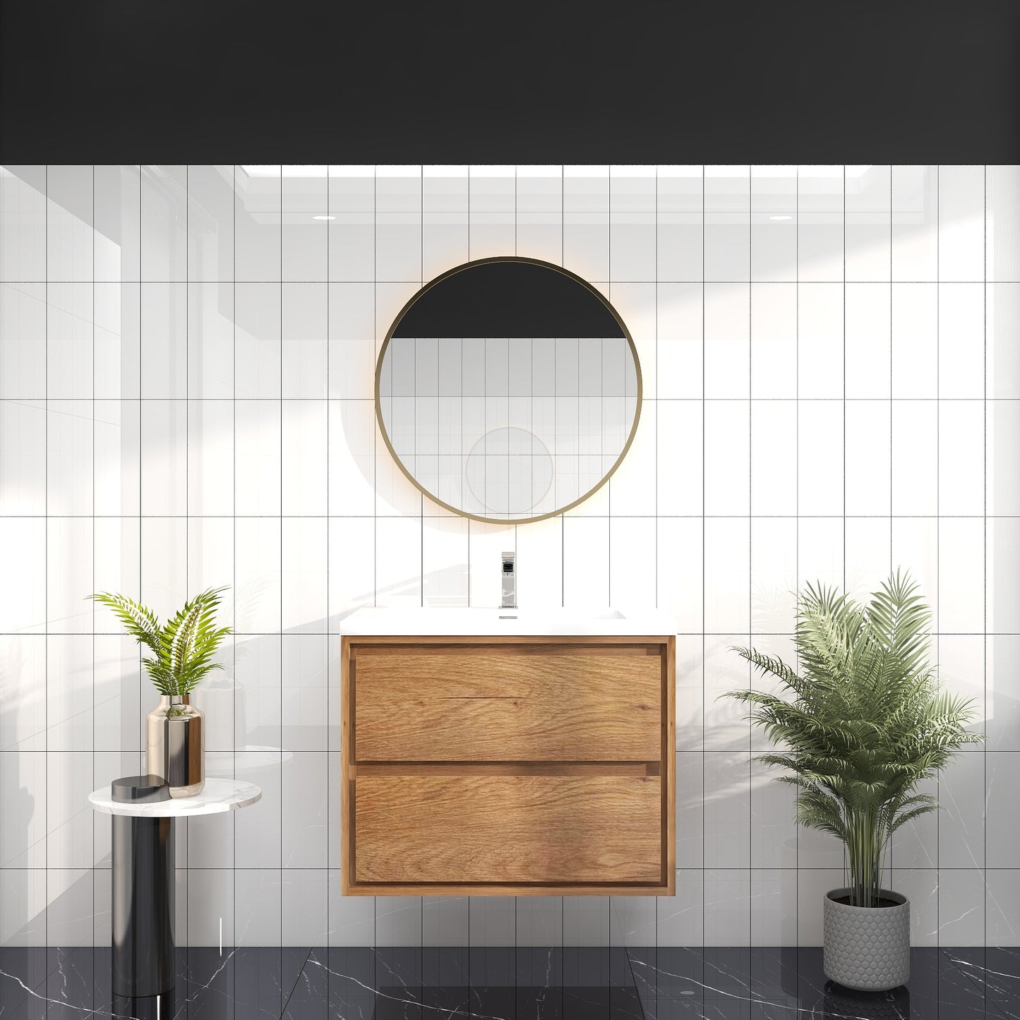 Saggia 30" Wall-Mounted Floating Bathroom Vanity with Reinforced Acrylic Sink in Teak Oak | Better Vanity Modern Luxury Bathroom Vanities