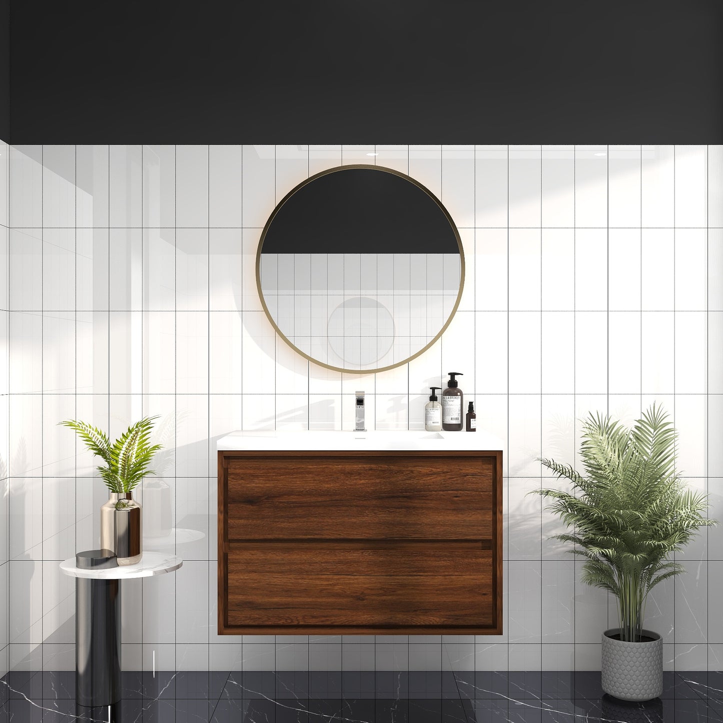 Saggia 36" Wall-Mounted Floating Bathroom Vanity with Reinforced Acrylic Sink in Rosewood | Better Vanity Modern Luxury Bathroom Vanities