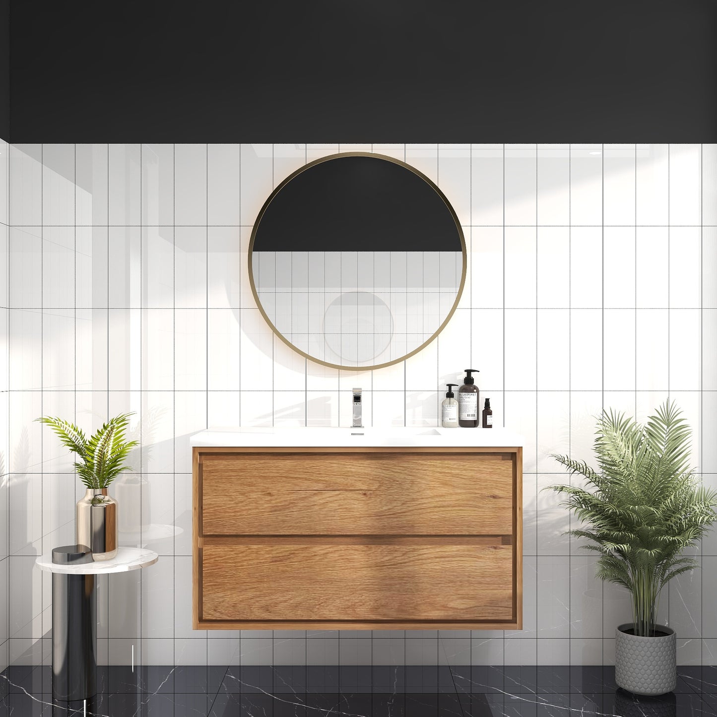 Saggia 42" Wall-Mounted Floating Bathroom Vanity with Reinforced Acrylic Sink in Teak Oak | Better Vanity Modern Luxury Bathroom Vanities