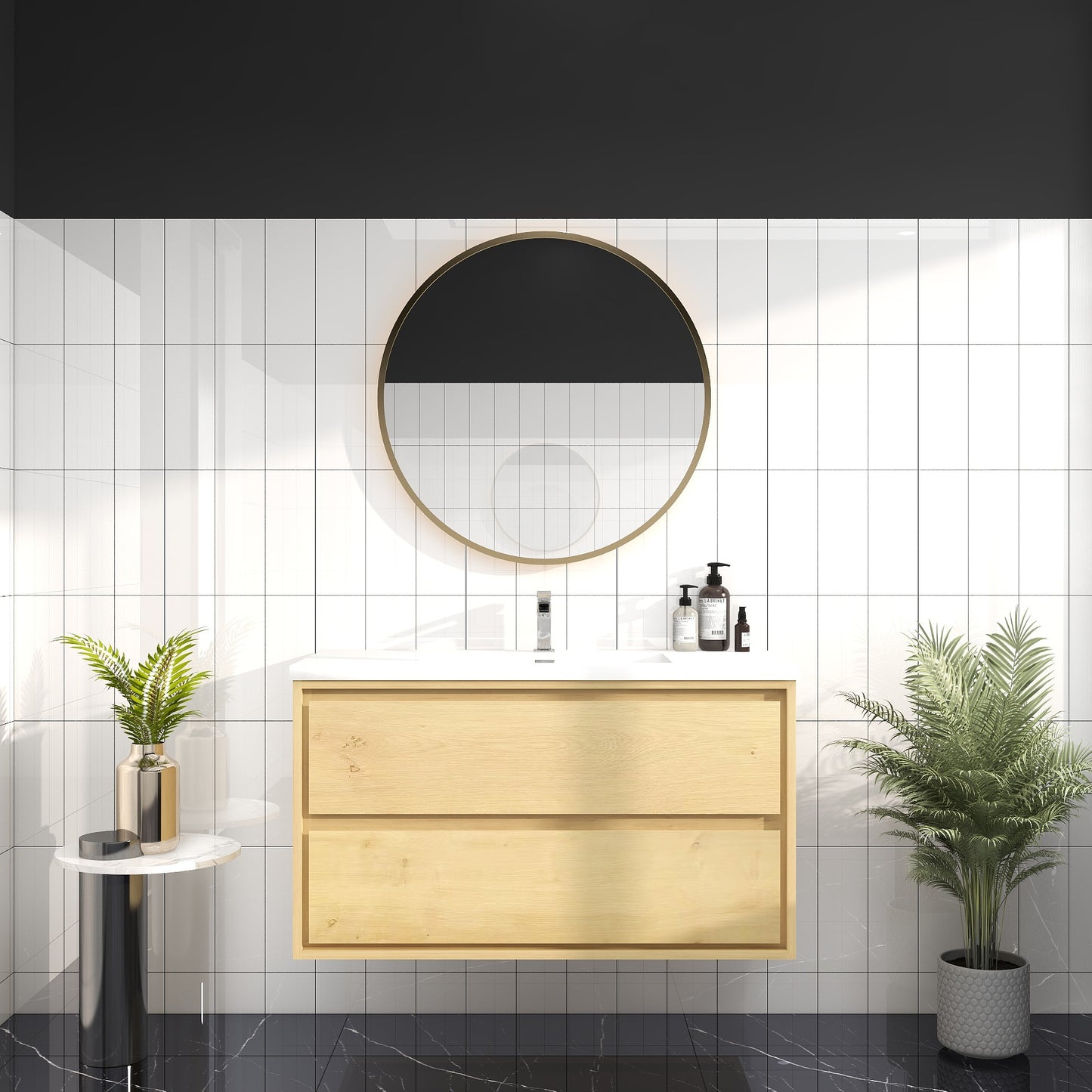 Saggia 42" Wall-Mounted Floating Bathroom Vanity with Reinforced Acrylic Sink in Light Oak | Better Vanity Modern Luxury Bathroom Vanities