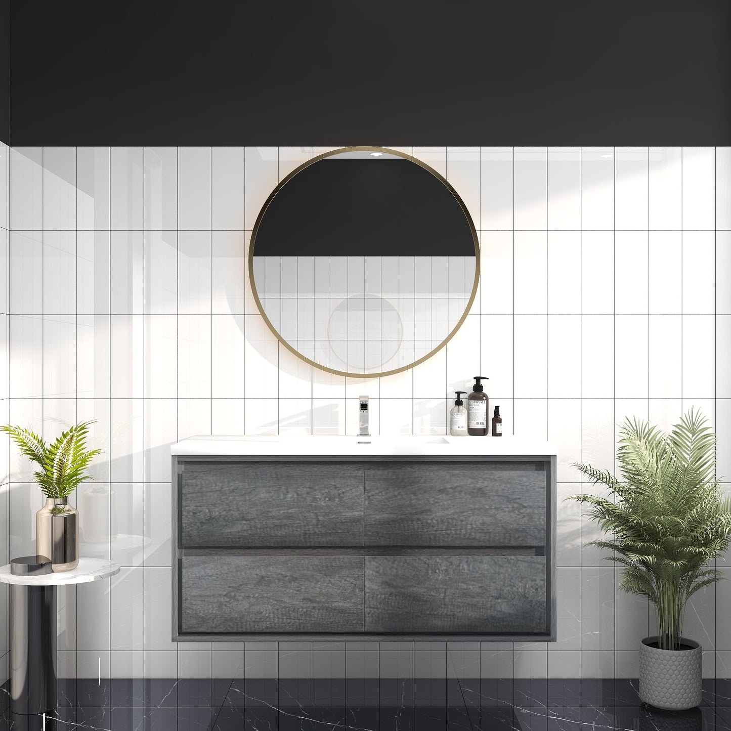 Saggia 48" Wall-Mounted Floating Bathroom Vanity with Reinforced Acrylic Sink in Smoke Oak | Better Vanity Modern Luxury Bathroom Vanities