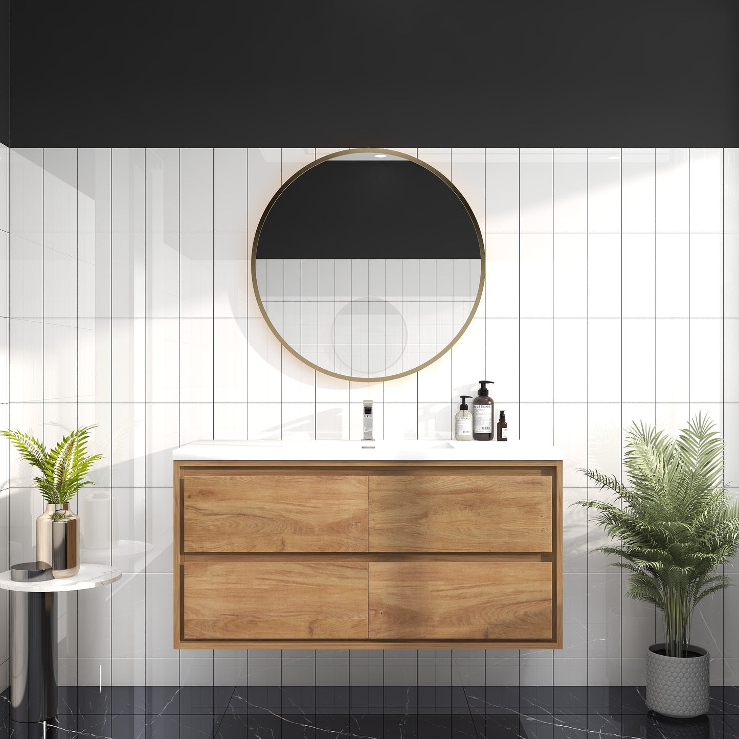 Saggia 48" Wall-Mounted Floating Bathroom Vanity with Reinforced Acrylic Sink in White Oak | Better Vanity Modern Luxury Bathroom Vanities