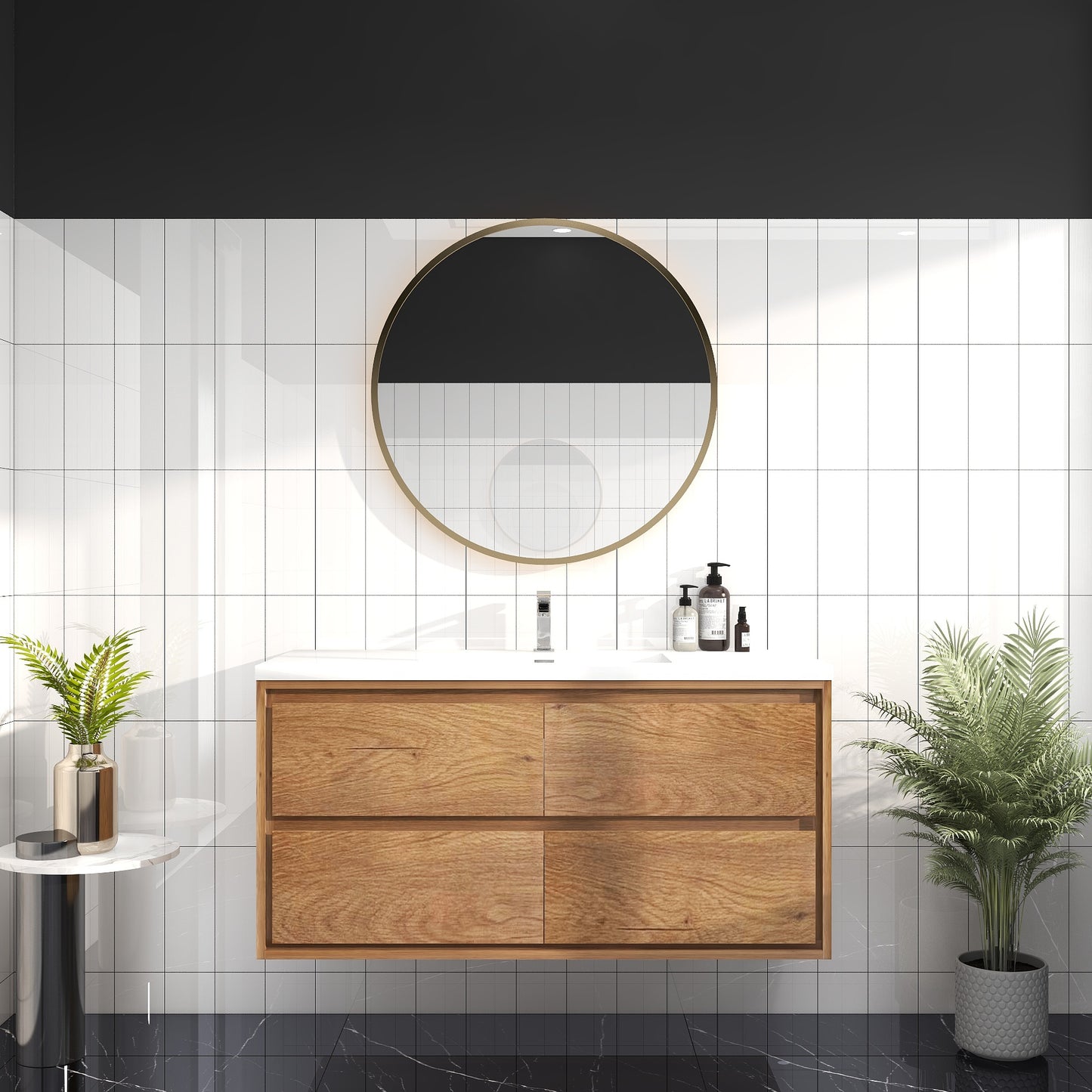 Saggia 48" Wall-Mounted Floating Bathroom Vanity with Reinforced Acrylic Sink in Teak Oak | Better Vanity Modern Luxury Bathroom Vanities