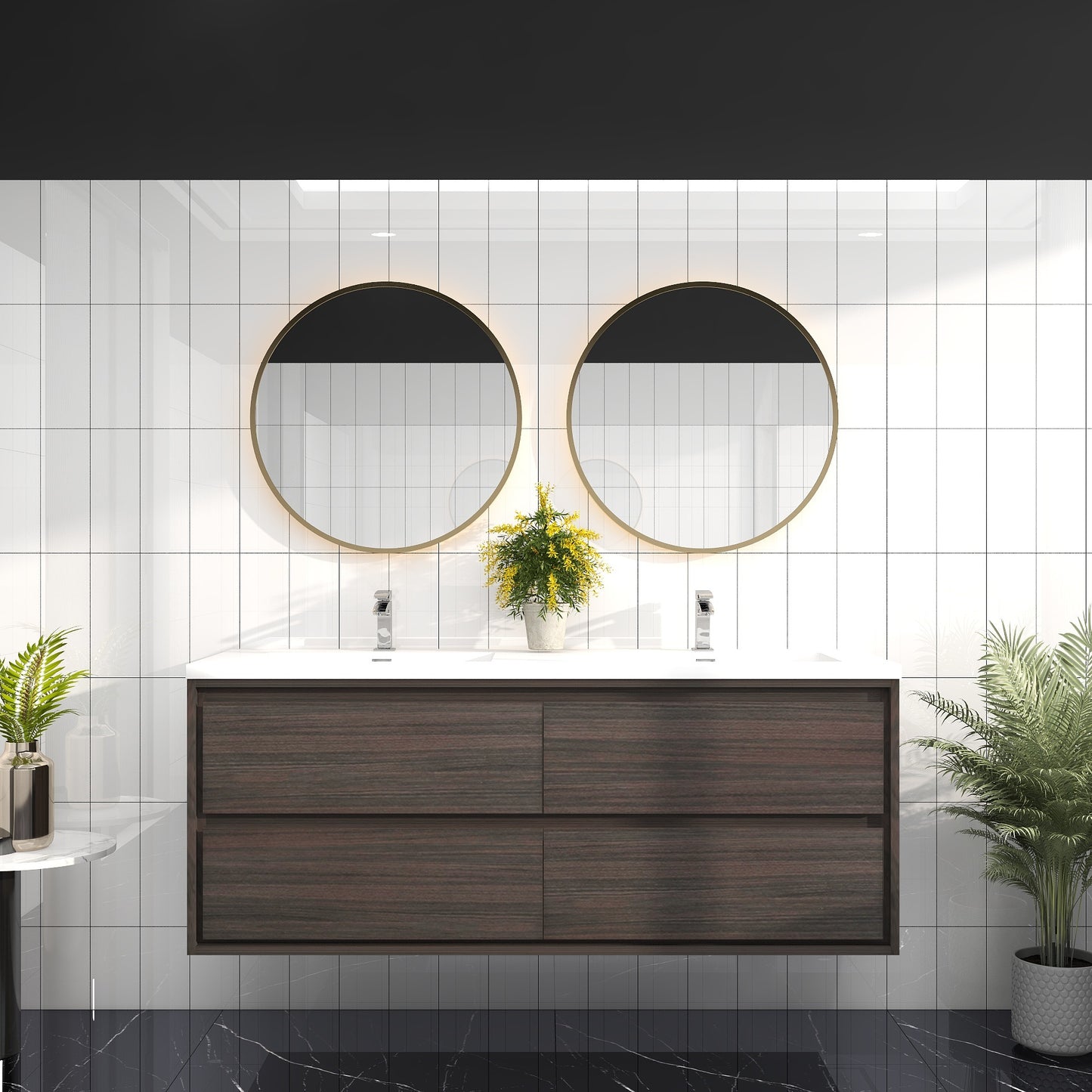Saggia 60" Wall-Mounted Floating Bathroom Vanity with Reinforced Acrylic Double Sink in Dark Gray Oak | Better Vanity Modern Luxury Bathroom Vanities