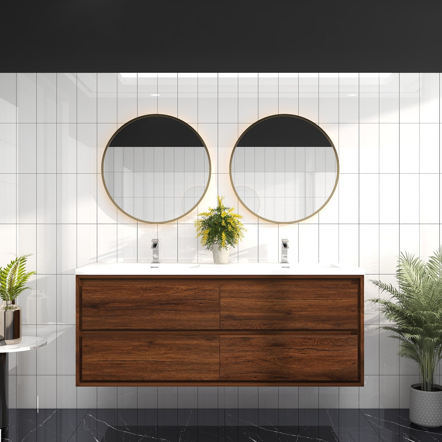 Saggia 60" Wall-Mounted Floating Bathroom Vanity with Reinforced Acrylic Double Sink in Rosewood | Better Vanity Modern Luxury Bathroom Vanities