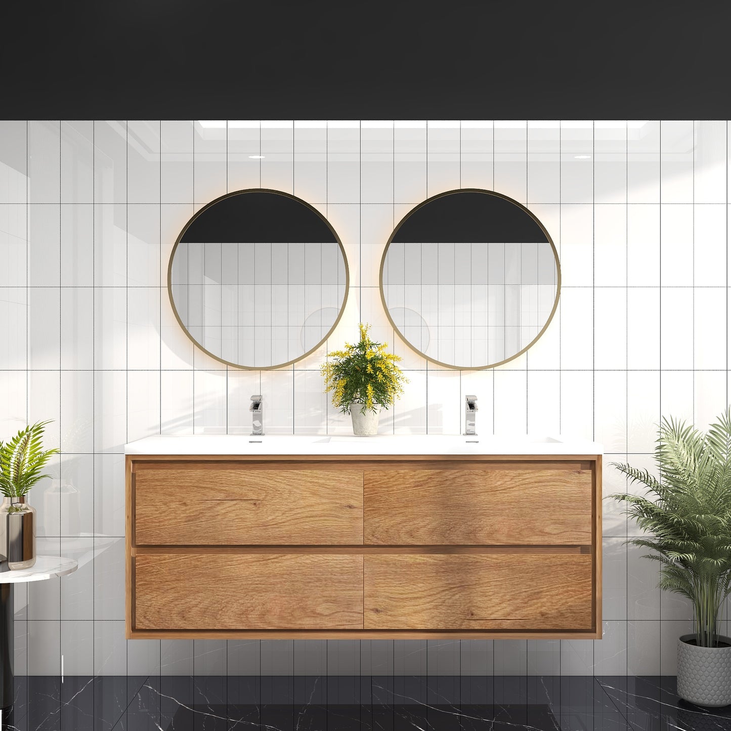 Saggia 60" Wall-Mounted Floating Bathroom Vanity with Reinforced Acrylic Double Sink in Teak Oak | Better Vanity Modern Luxury Bathroom Vanities