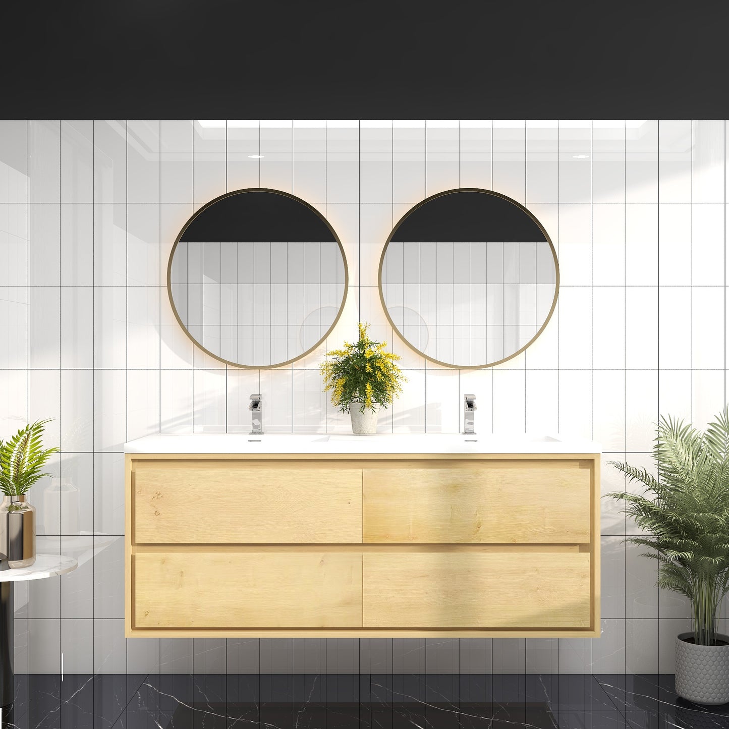 Saggia 60" Wall-Mounted Floating Bathroom Vanity with Reinforced Acrylic Double Sink in Light Oak | Better Vanity Modern Luxury Bathroom Vanities