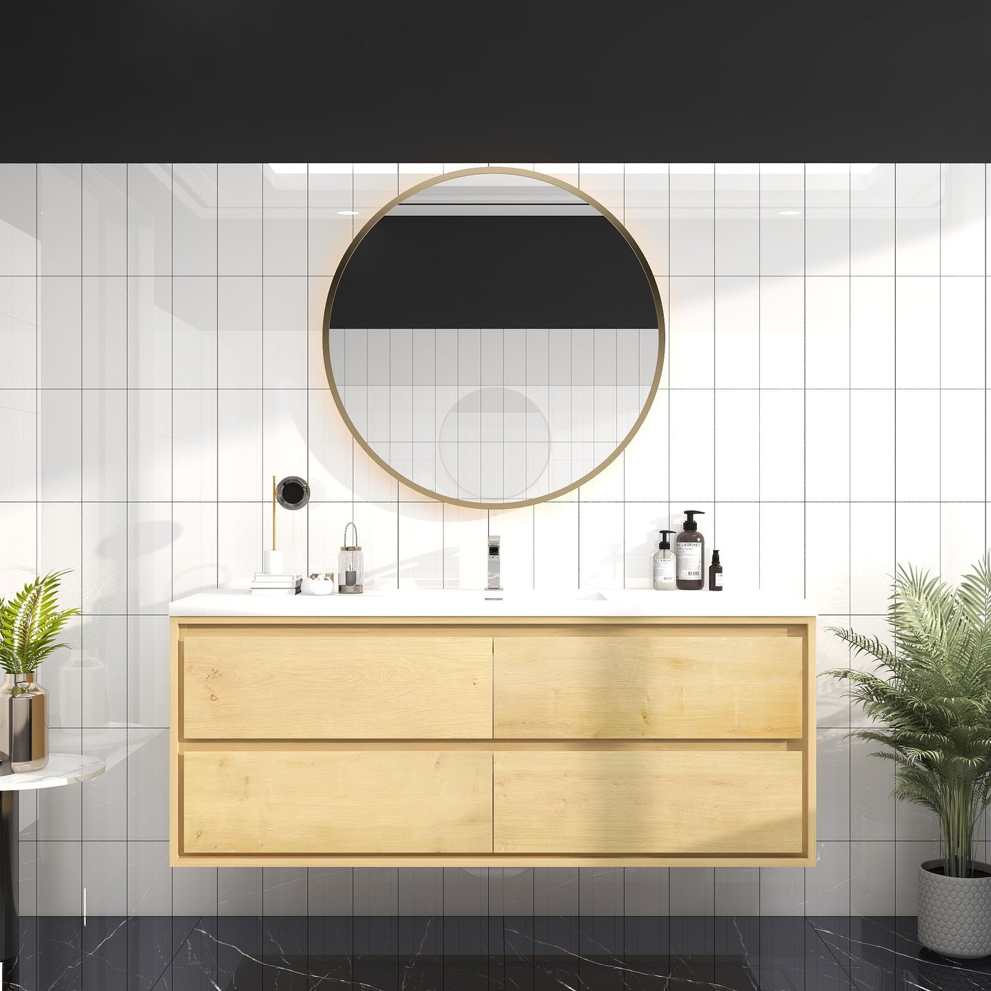 Saggia 60" Wall-Mounted Floating Bathroom Vanity with Reinforced Acrylic Sink in Light Oak | Better Vanity Modern Luxury Bathroom Vanities