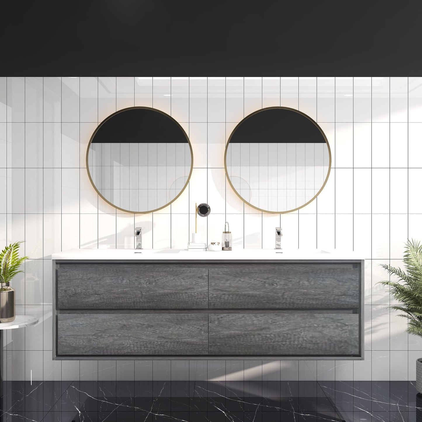 Saggia 72" Wall-Mounted Floating Bathroom Vanity with Reinforced Acrylic Double Sink in Smoke Oak | Better Vanity Modern Luxury Bathroom Vanities