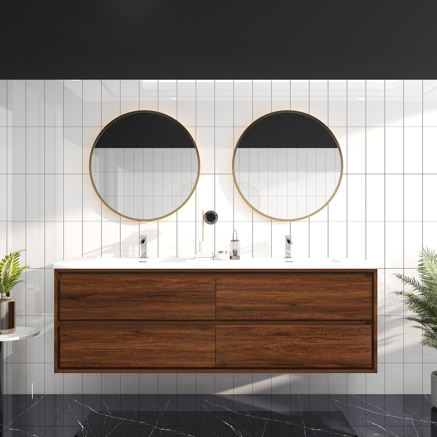 Saggia 72" Wall-Mounted Floating Bathroom Vanity with Reinforced Acrylic Double Sink in Rosewood | Better Vanity Modern Luxury Bathroom Vanities