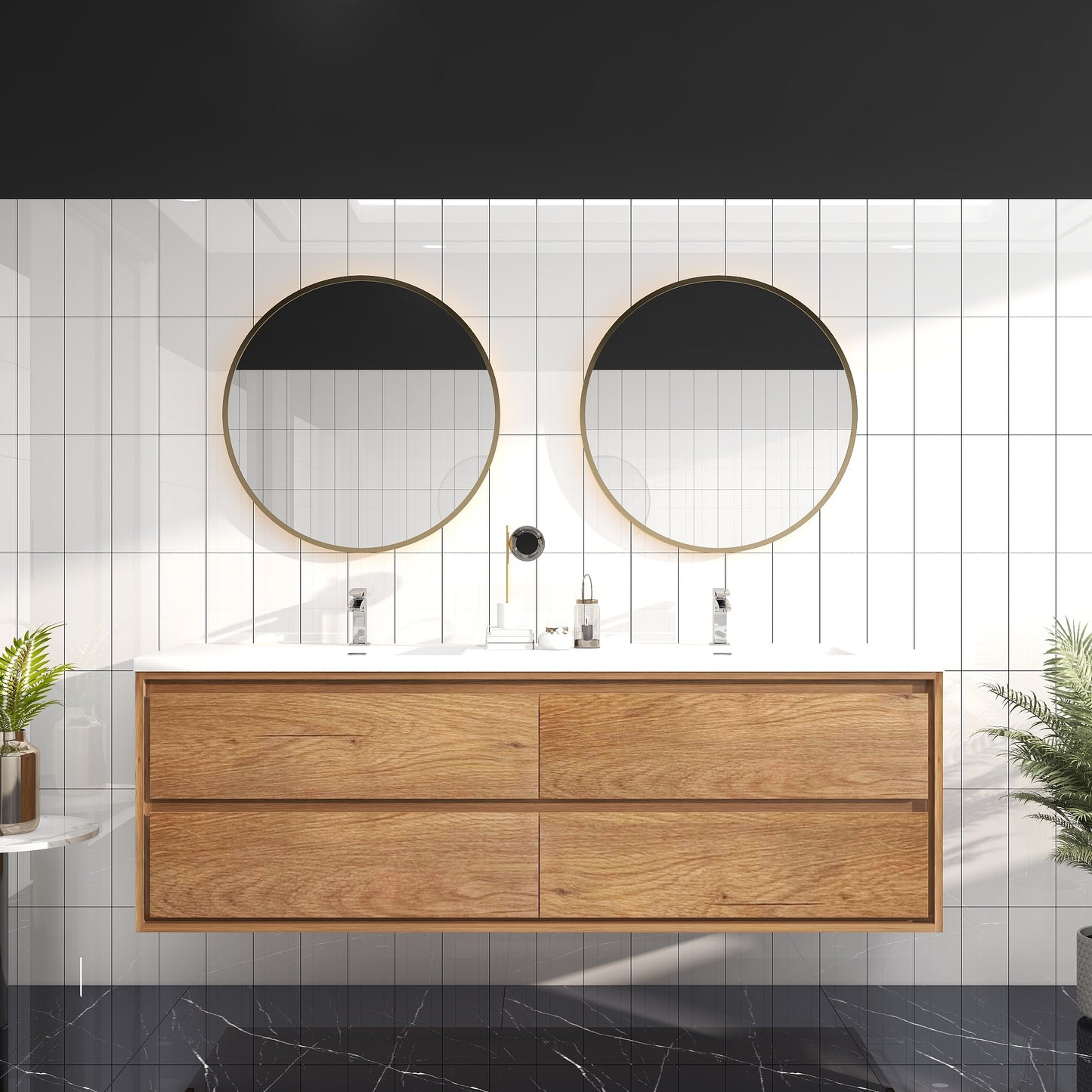 Saggia 72" Wall-Mounted Floating Bathroom Vanity with Reinforced Acrylic Double Sink in Teak Oak | Better Vanity Modern Luxury Bathroom Vanities