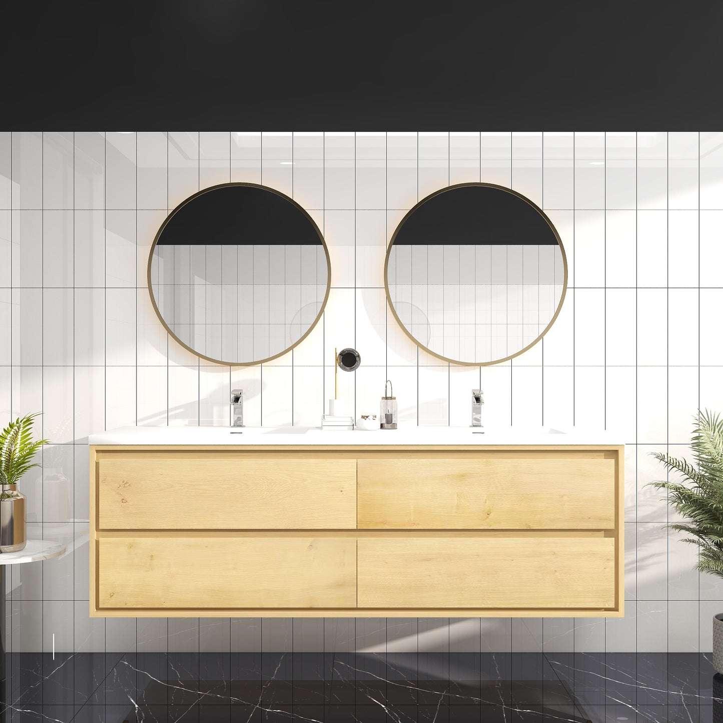 Saggia 72" Wall-Mounted Floating Bathroom Vanity with Reinforced Acrylic Double Sink in Light Oak | Better Vanity Modern Luxury Bathroom Vanities