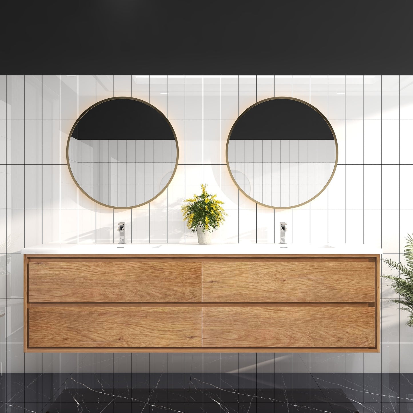 Saggia 84" Wall-Mounted Floating Bathroom Vanity with Reinforced Acrylic Double Sink in Teak Oak | Better Vanity Modern Luxury Bathroom Vanities