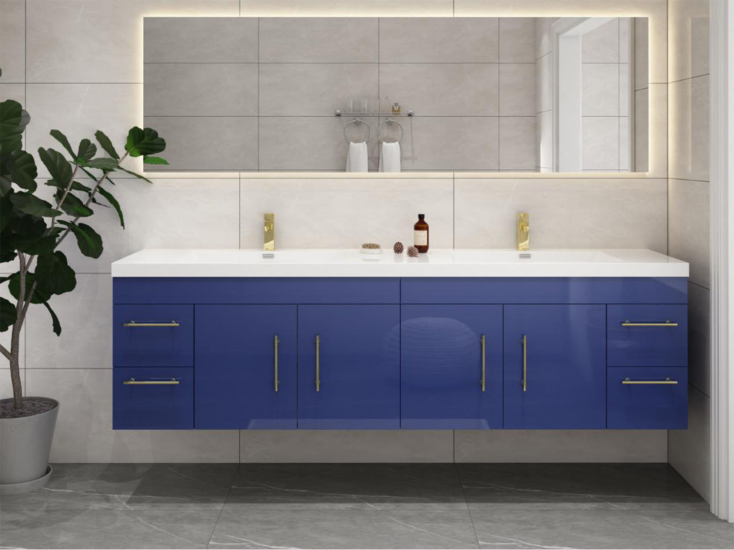 Elsa 72" Wall Mounted Floating Vanity in Glossy Night Blue with Double Sink