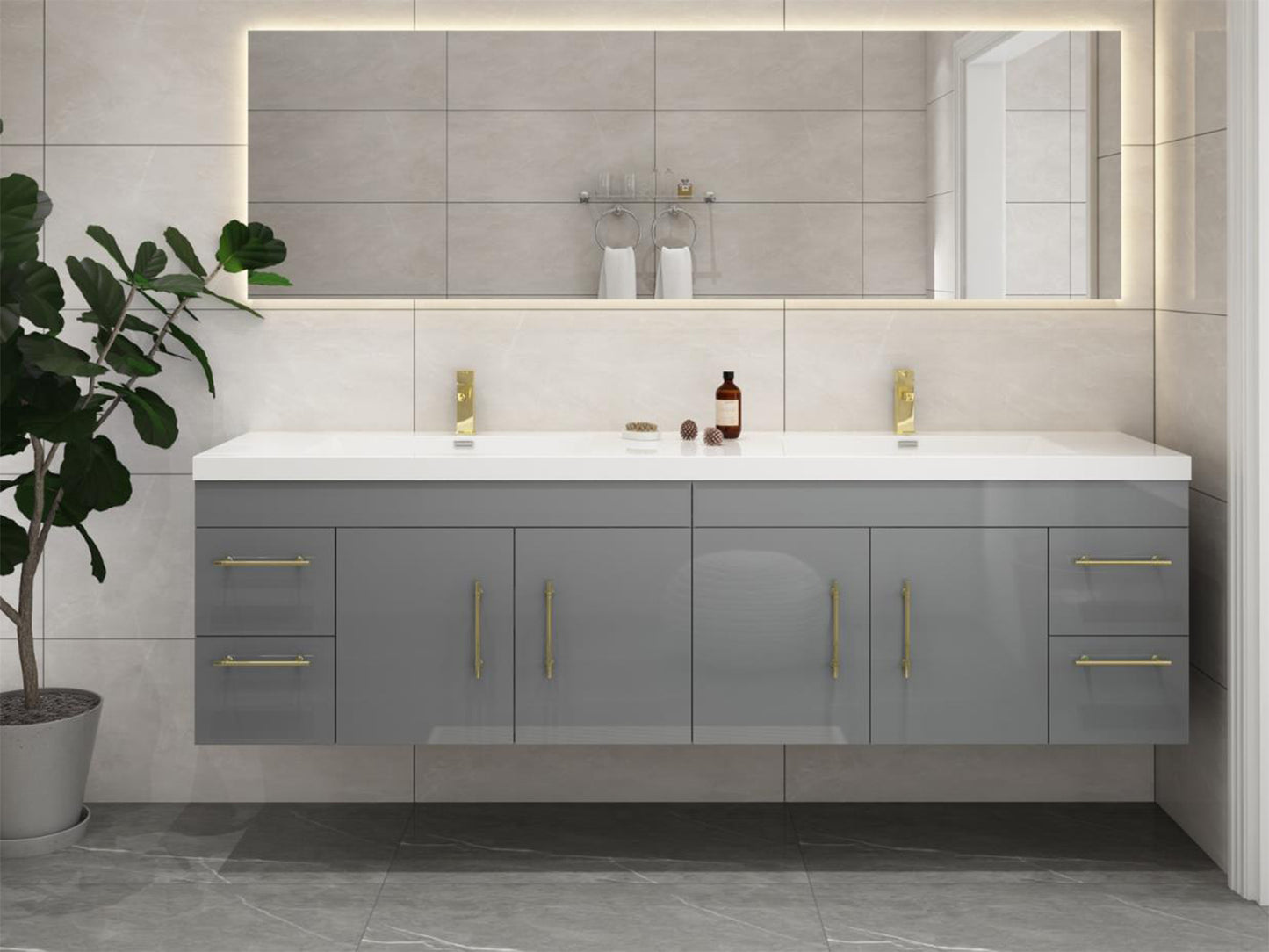 Elsa 84" Wall Mounted Floating Vanity in Glossy Gray with Double Sink