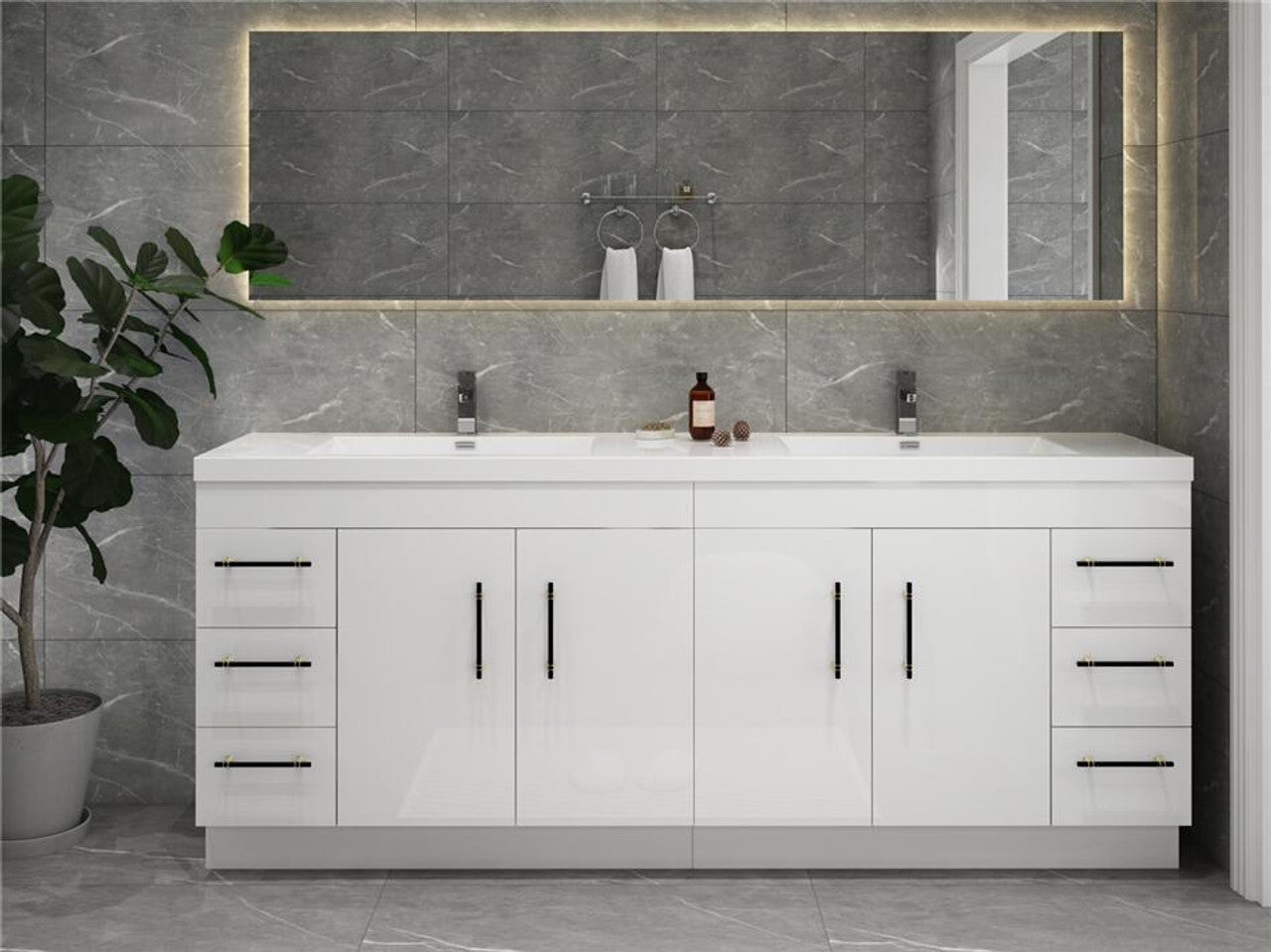 Elsa 84" Freestanding Vanity in Glossy White with Double Sink