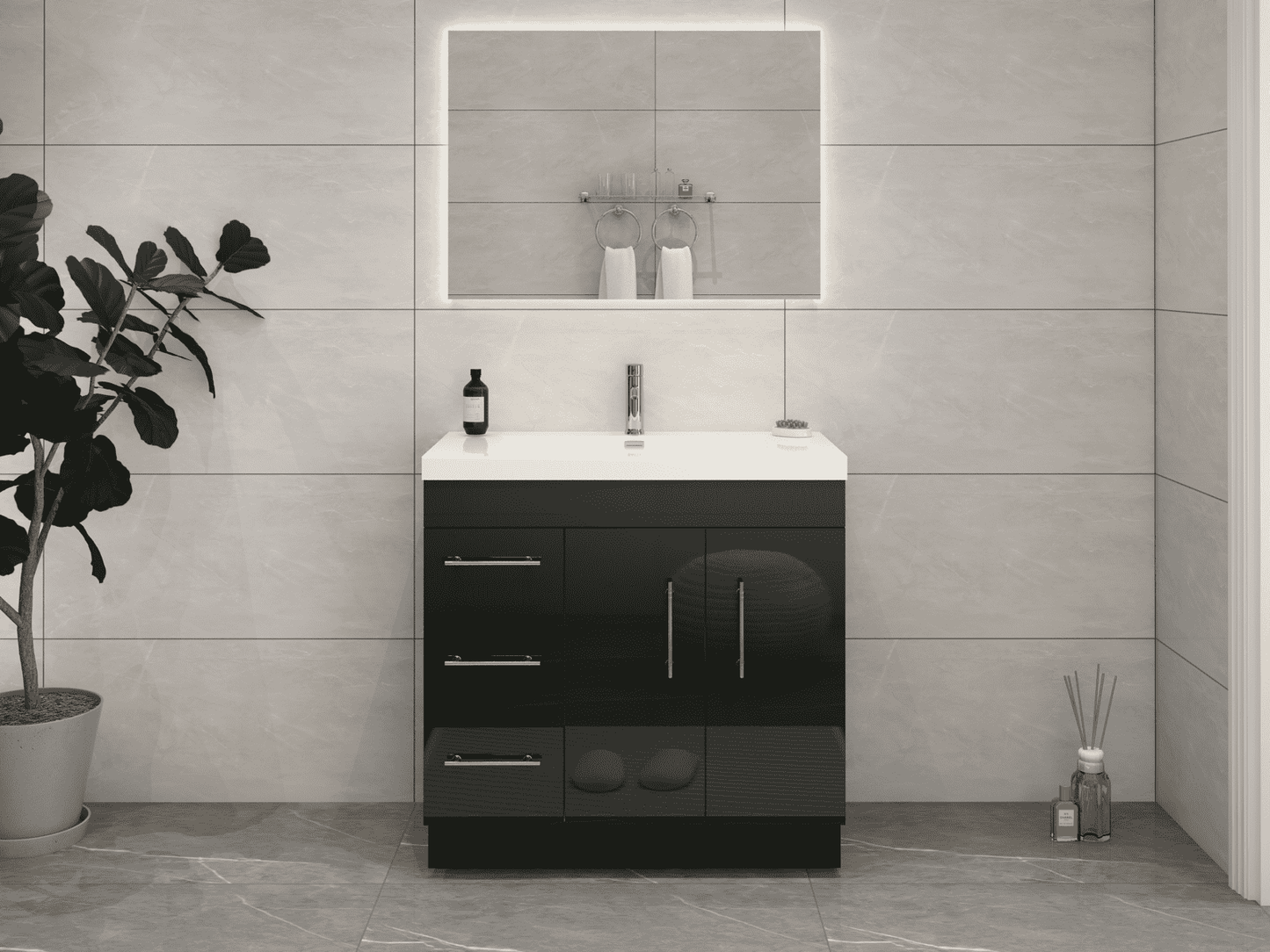 Elsa 36" Freestanding Bathroom Vanity with Reinforced Acrylic Sink in Gloss Black | Better Vanity