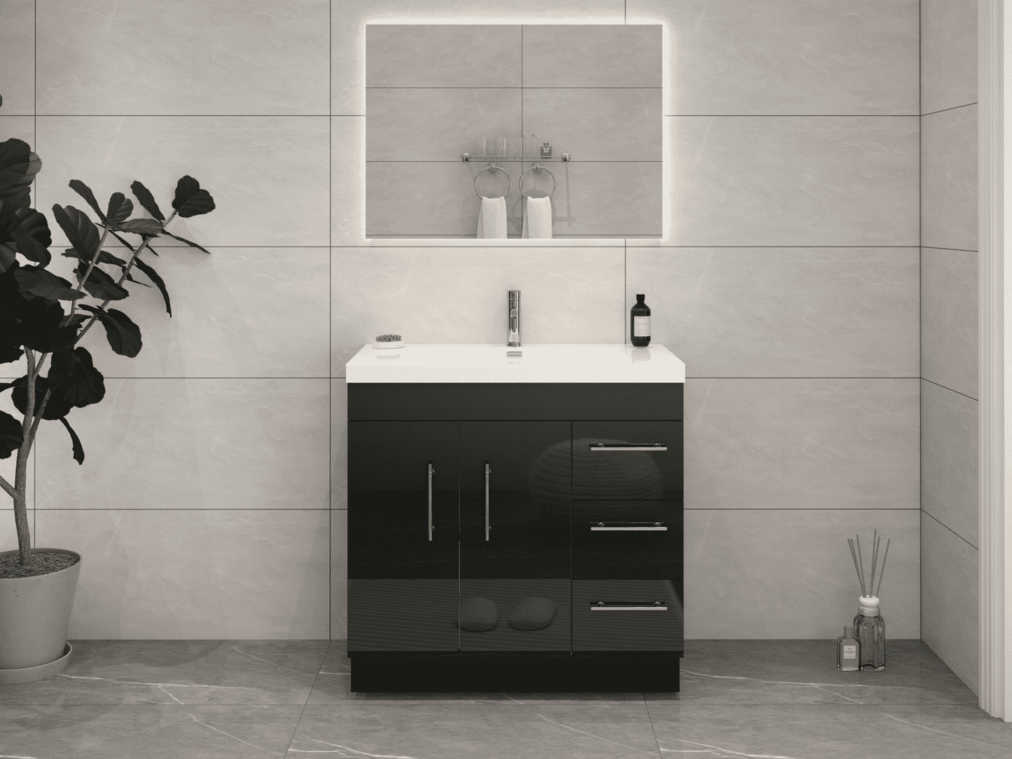 Elsa 36" Freestanding Bathroom Vanity with Reinforced Acrylic Sink in Gloss Black | Better Vanity