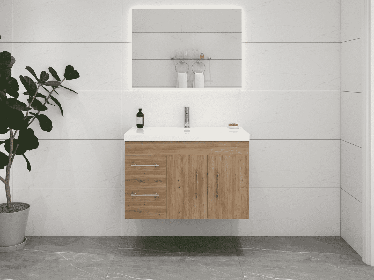 Elsa 36" Wall-Mounted Floating Bathroom Vanity with Reinforced Acrylic Sink in Oak | Better Vanity