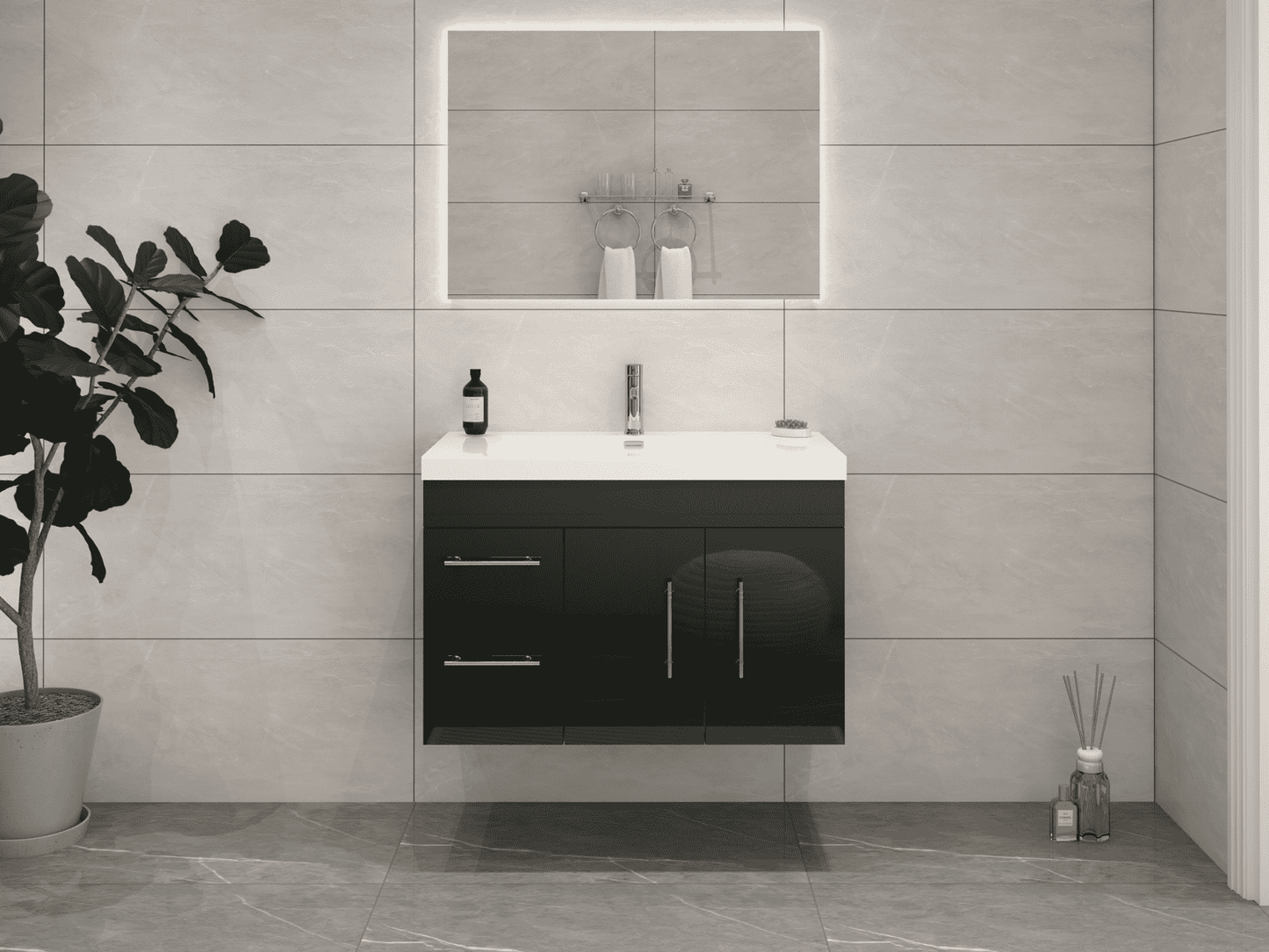 Elsa 36" Wall-Mounted Floating Bathroom Vanity with Reinforced Acrylic Sink in Gloss Black | Better Vanity