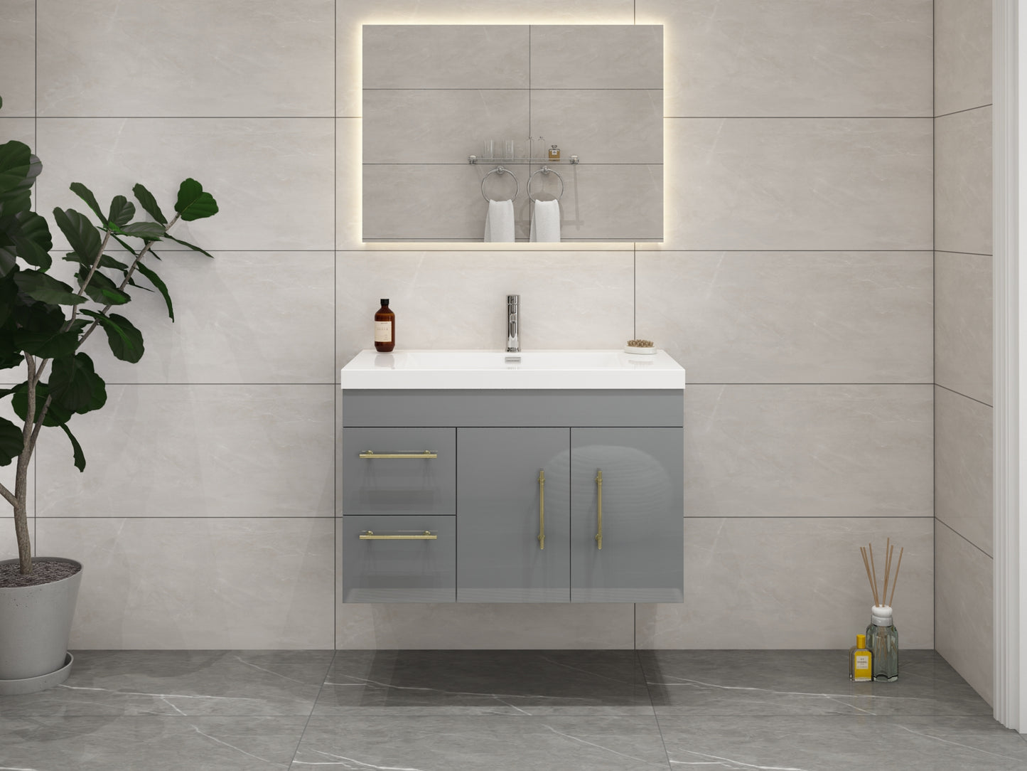 Elsa 36" Wall Mounted Floating Vanity in Glossy Gray