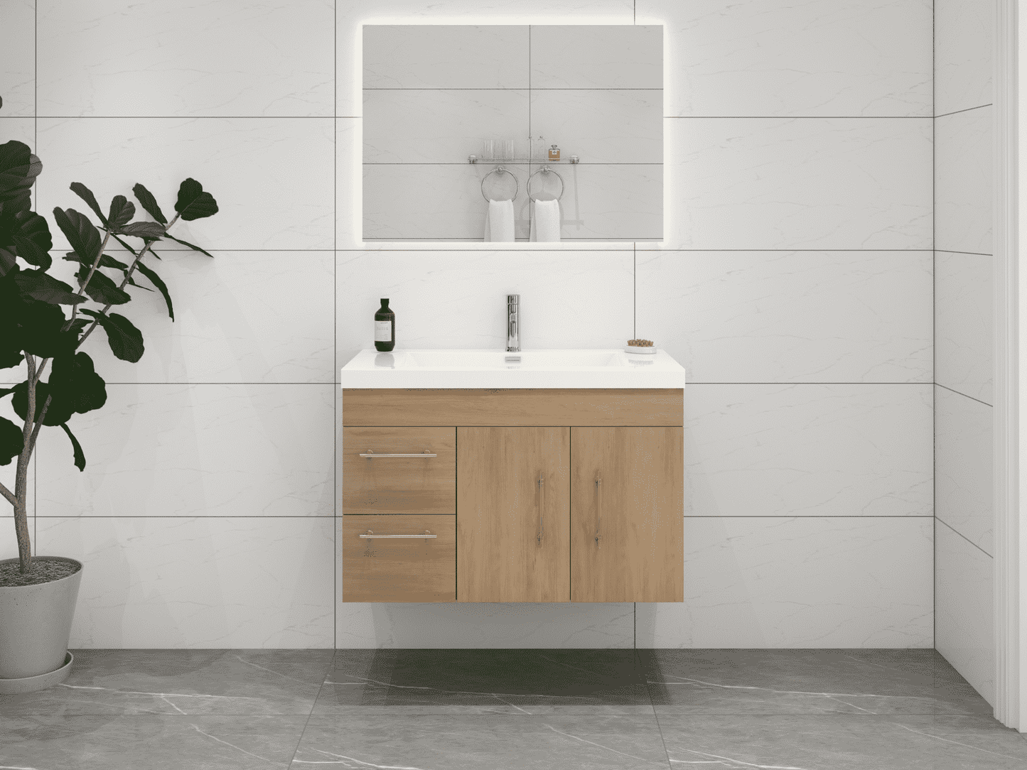 Elsa 36" Wall Mounted Floating Bathroom Vanity with Reinforced Acrylic Sink in White Oak | Better Vanity