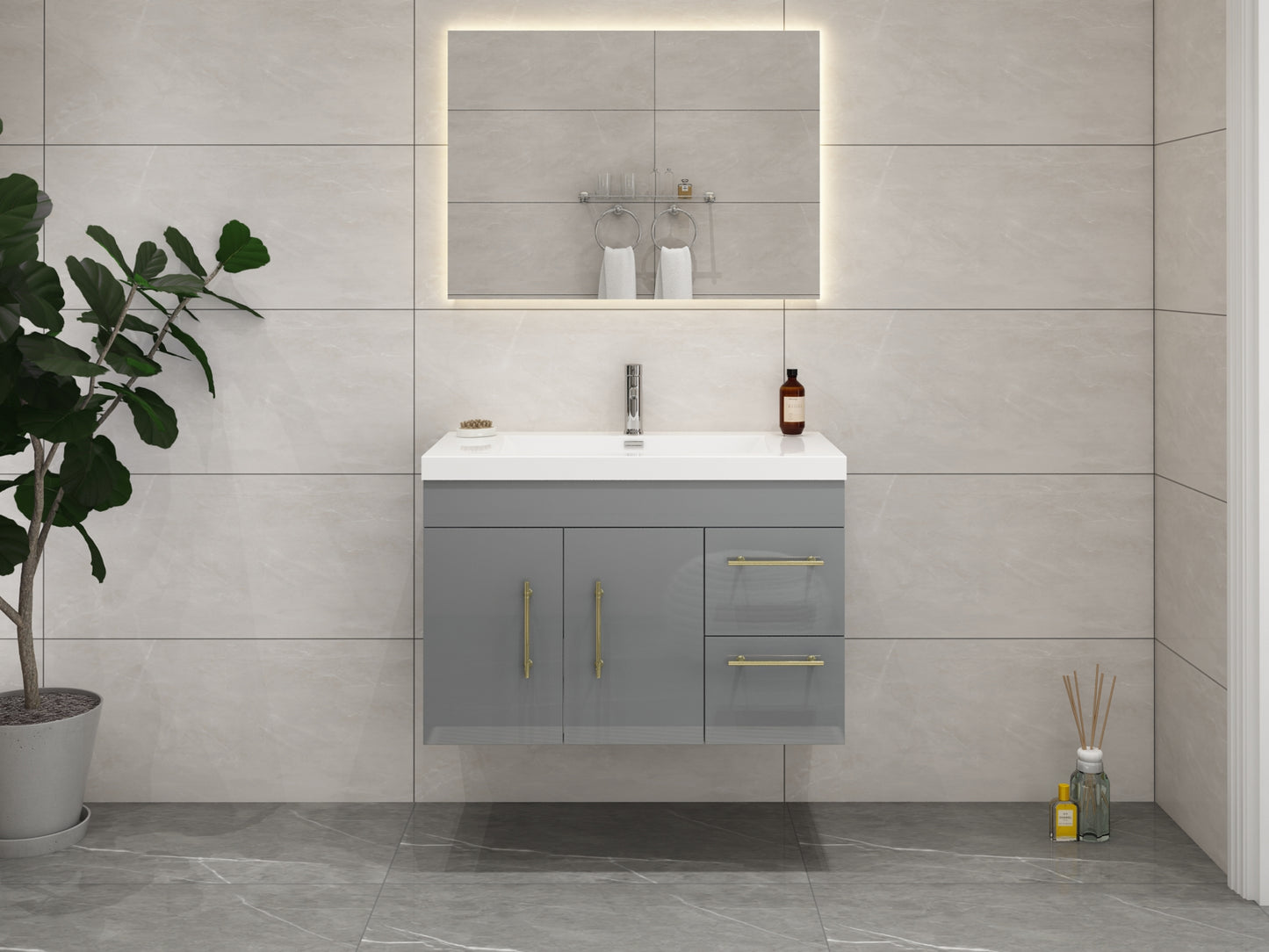 Elsa 36" Wall Mounted Floating Vanity in Glossy Gray