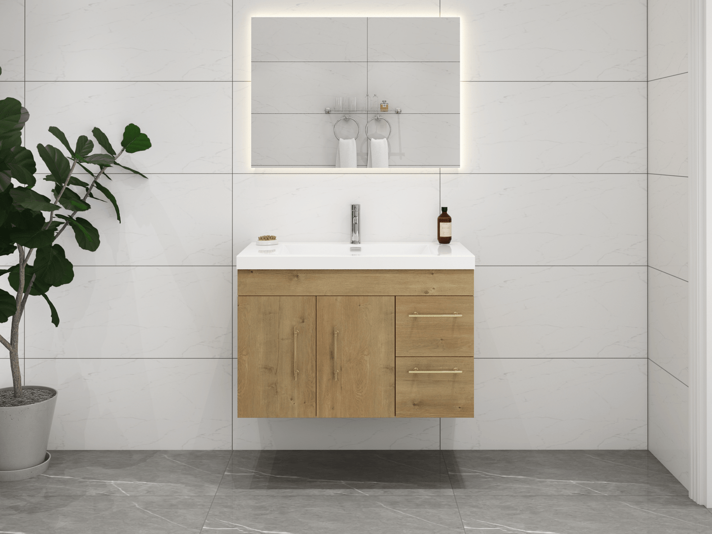 Elsa 36" Wall Mounted Floating Bathroom Vanity with Reinforced Acrylic Sink in Oak | Better Vanity