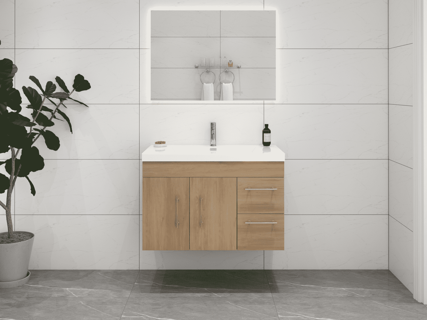 Elsa 36" Wall Mounted Floating Bathroom Vanity with Reinforced Acrylic Sink in White Oak | Better Vanity