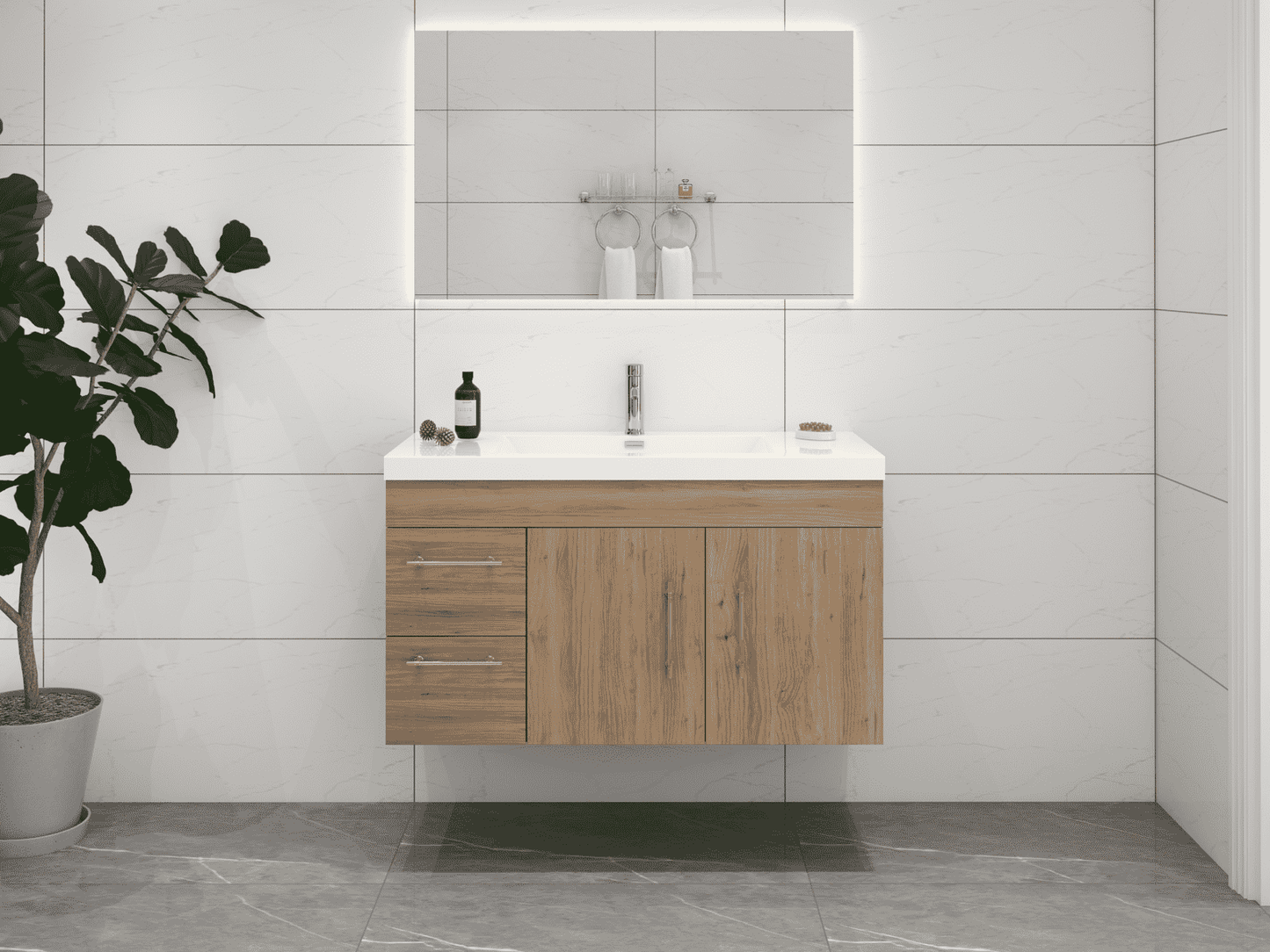 Elsa 42" Wall-Mounted Floating Bathroom Vanity with Reinforced Acrylic Sink in Oak | Better Vanity