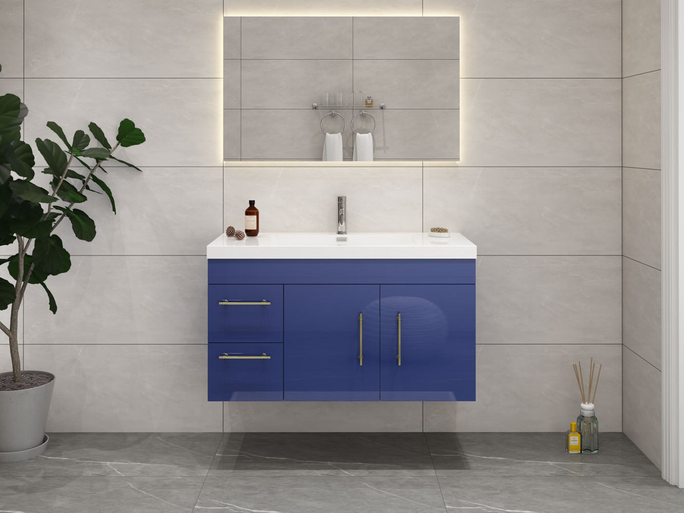 Elsa 42" Wall Mounted Floating Vanity in Glossy Night Blue