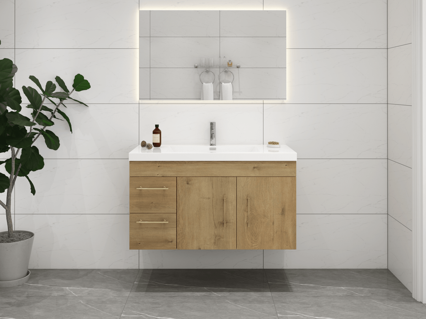 Elsa 42" Wall Mounted Floating Bathroom Vanity with Reinforced Acrylic Sink in Oak | Better Vanity