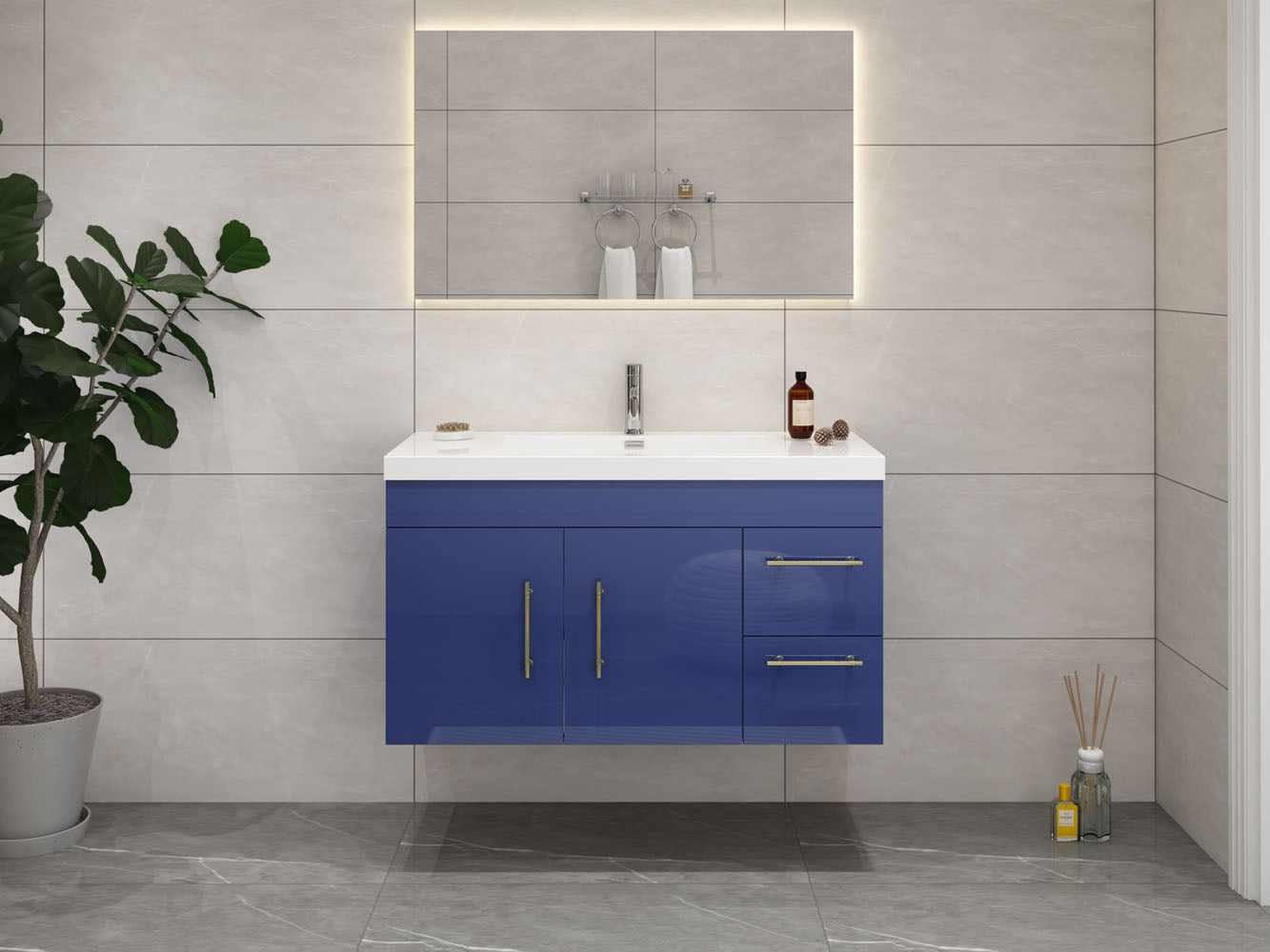 Elsa 42" Wall Mounted Floating Vanity in Glossy Night Blue