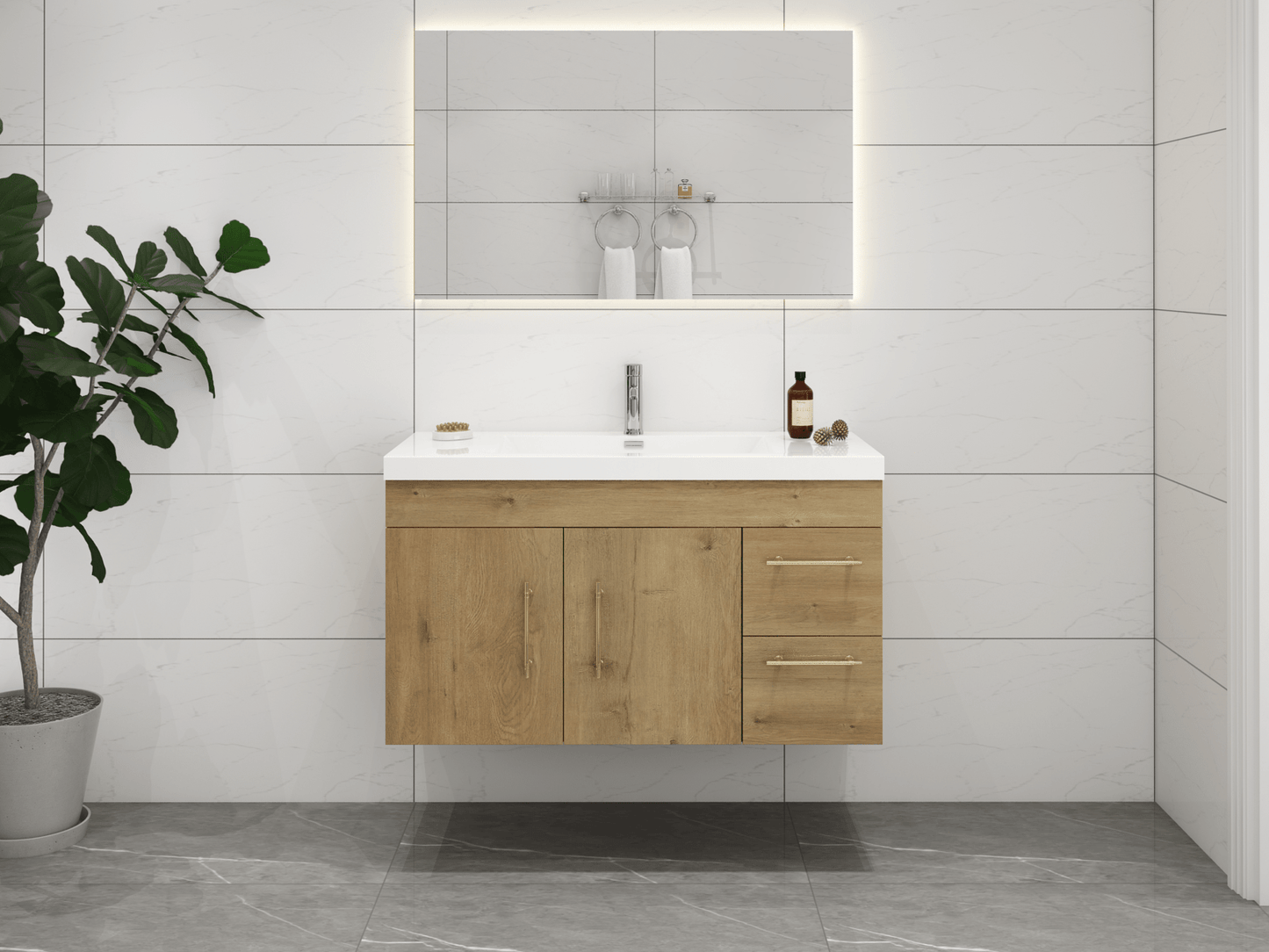 Elsa 42" Wall Mounted Floating Bathroom Vanity with Reinforced Acrylic Sink in Oak | Better Vanity