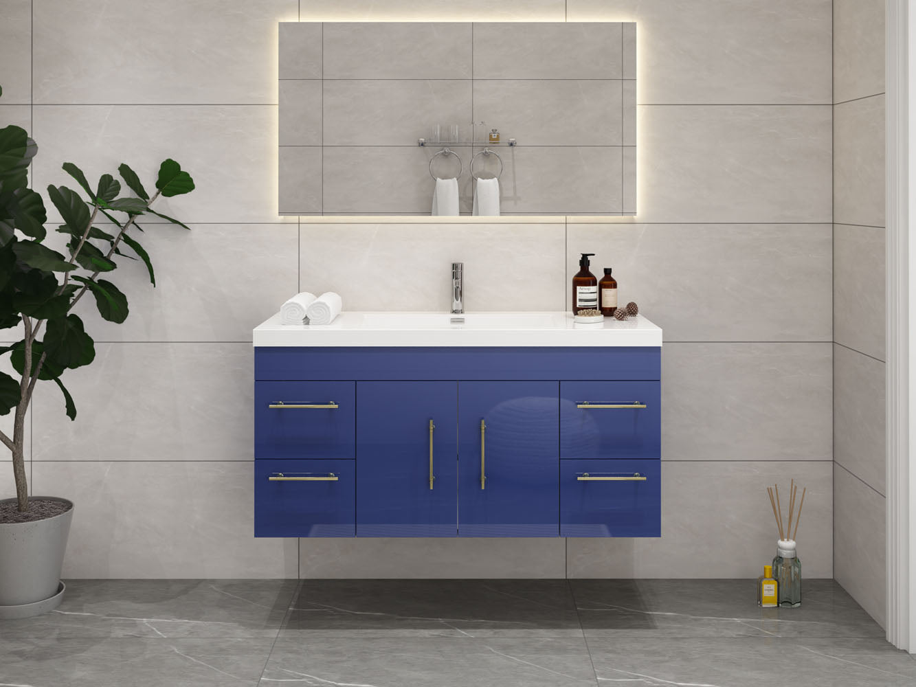 Elsa 48" Wall Mounted Floating Vanity in Glossy Night Blue