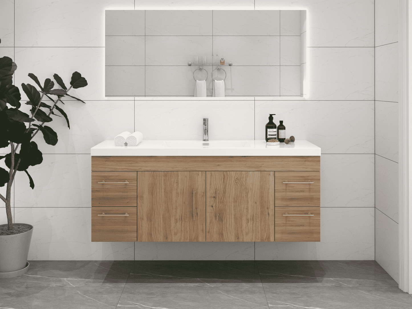 Elsa 60" Wall-Mounted Floating Bathroom Vanity with Single Reinforced Acrylic Sink in Natural Oak | Better Vanity