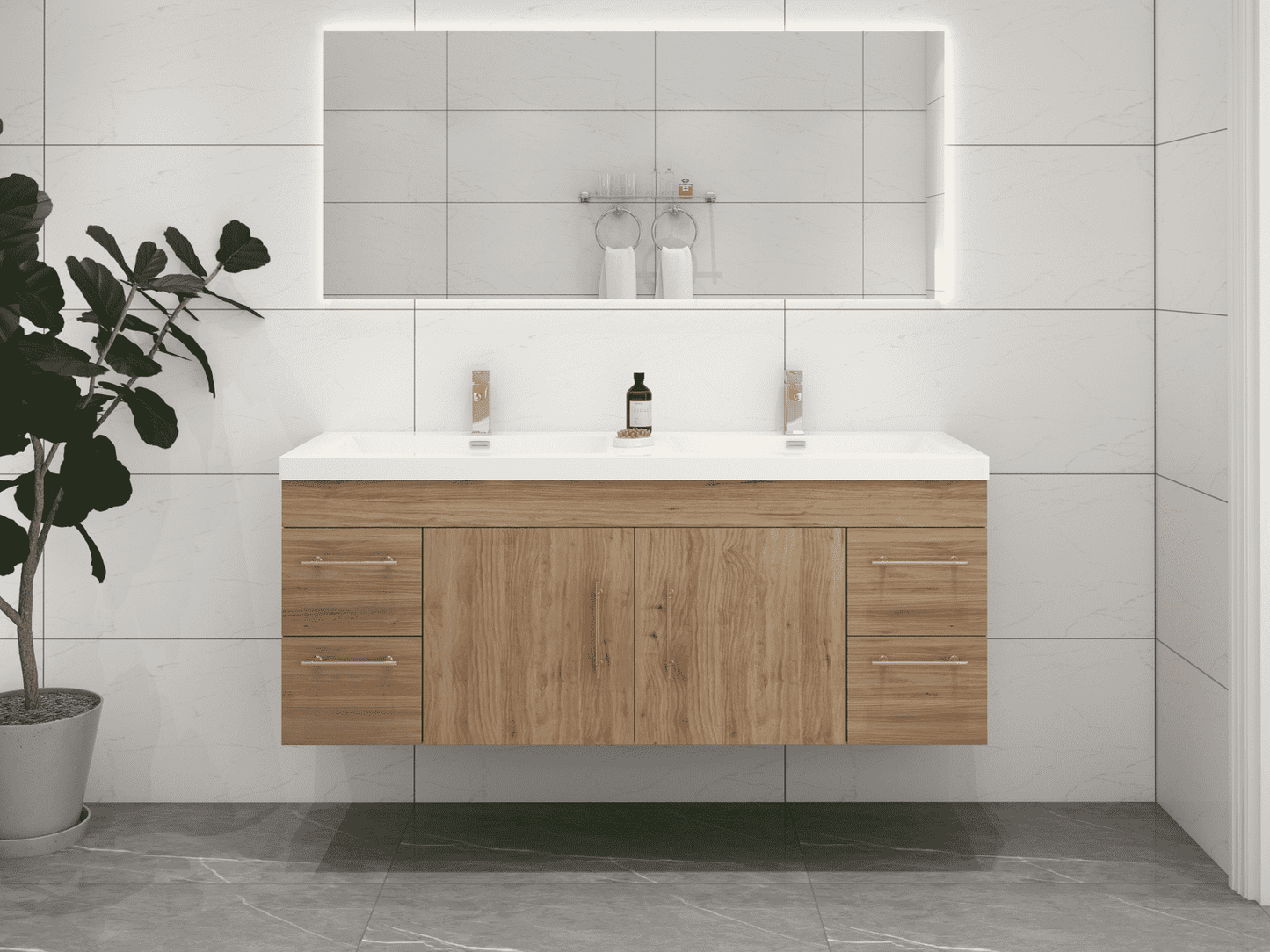 Elsa 60" Wall-Mounted Floating Bathroom Vanity with Double Reinforced Acrylic Sink in Natural Oak | Better Vanity