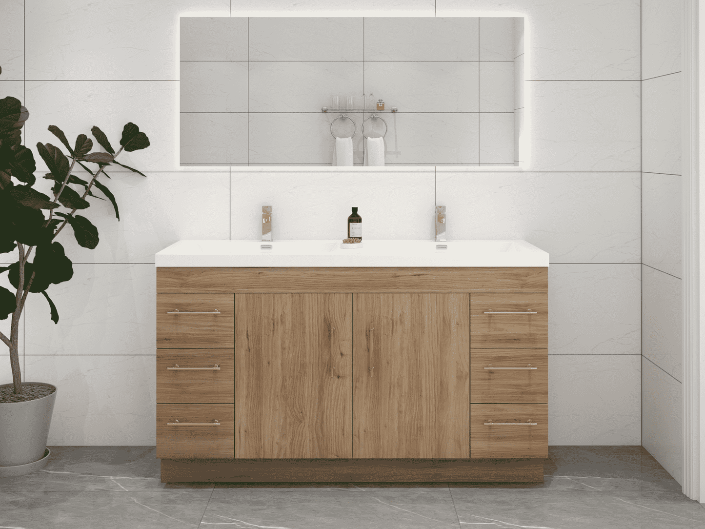 Elsa 60" Freestanding Bathroom Vanity with Reinforced Acrylic Double Sink in Natural Oak | Better Vanity