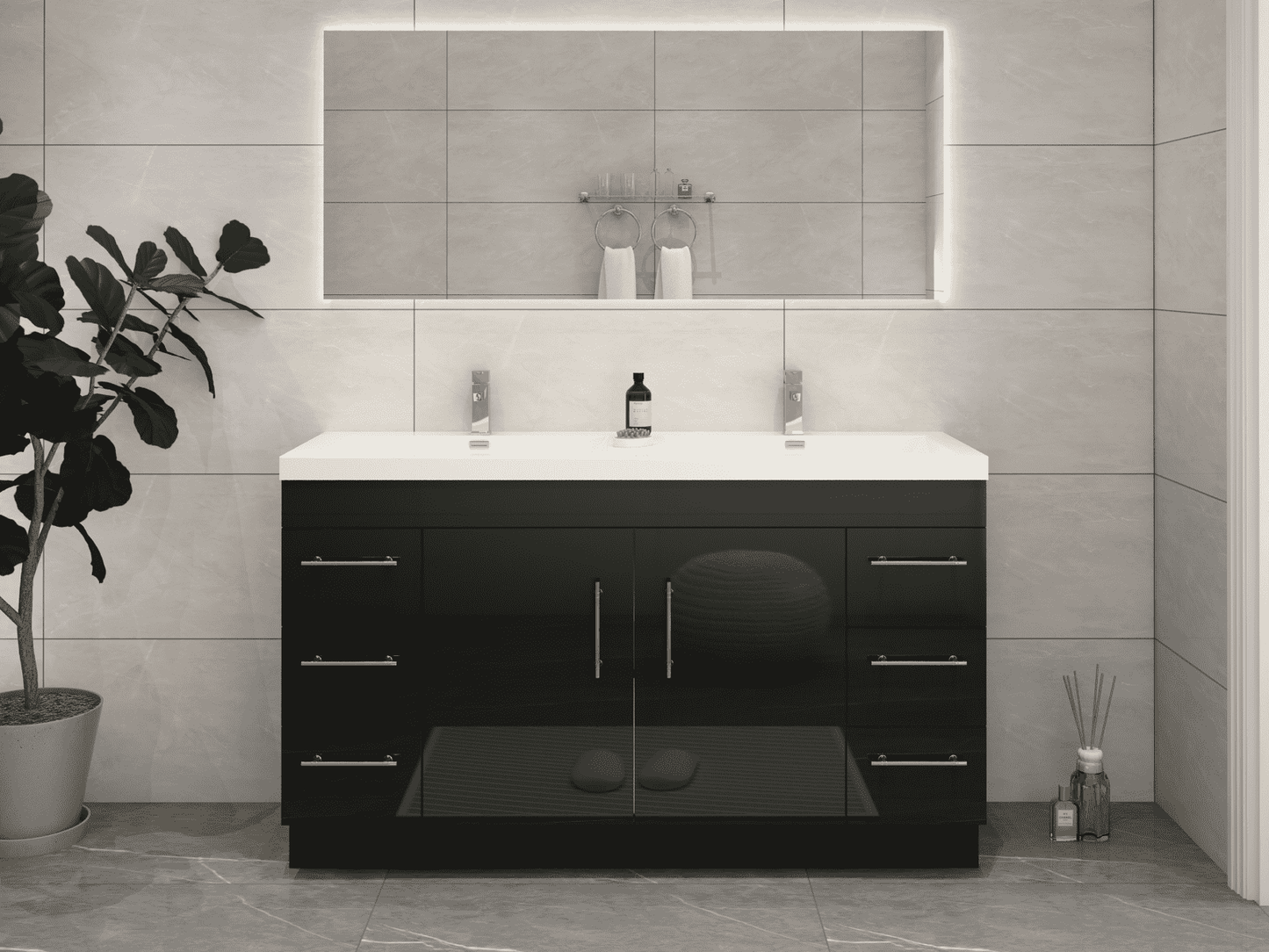 Elsa 60" Freestanding Bathroom Vanity with Reinforced Acrylic Double Sink in Gloss Black | Better Vanity