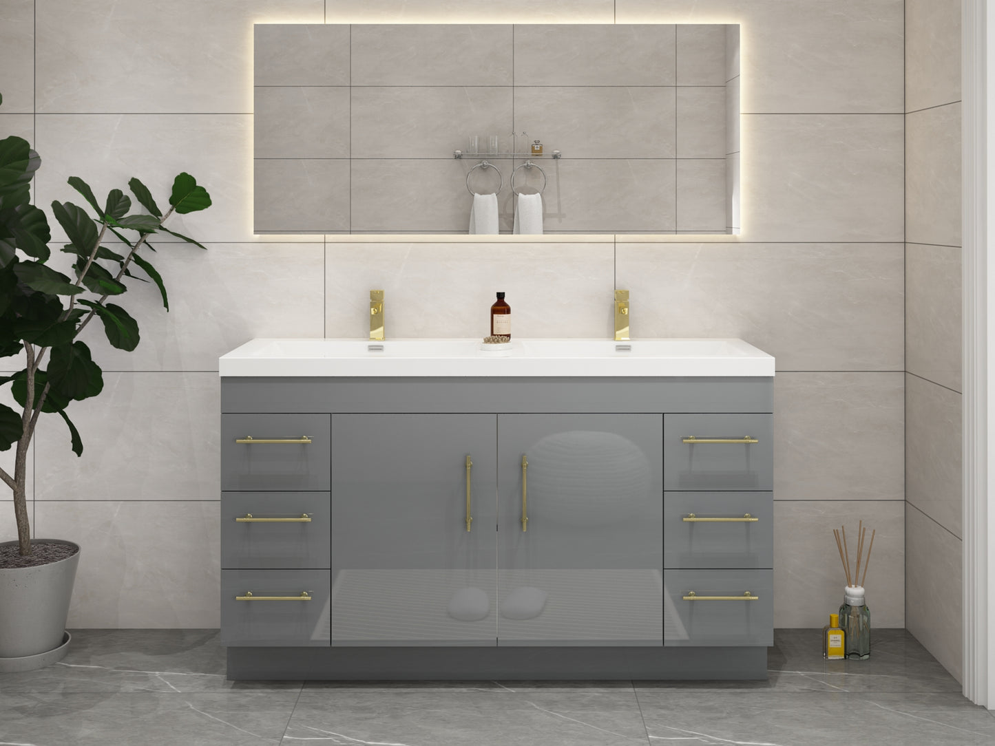 Elsa 60" Freestanding Vanity in Glossy Gray with Double Sink