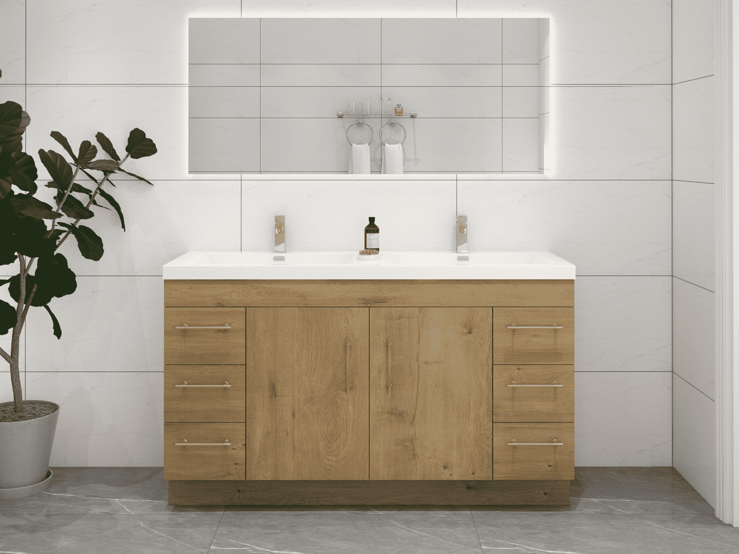 Elsa 60" Freestanding Bathroom Vanity with Double Reinforced Acrylic Sink in Oak | Better Vanity