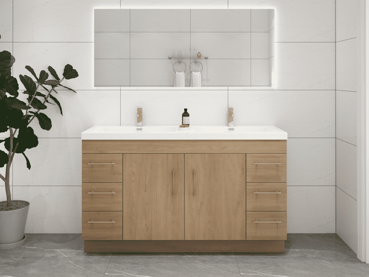 Elsa 60" Freestanding Bathroom Vanity with Reinforced Acrylic Double Sink in White Oak | Better Vanity