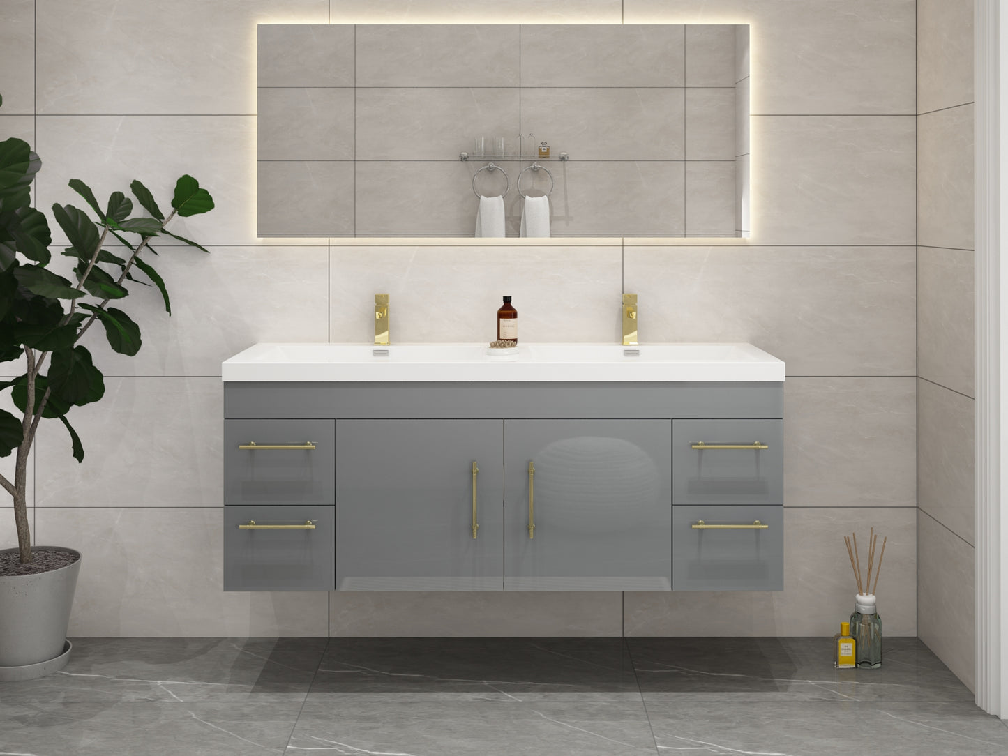 Elsa 60" Wall Mounted Floating Vanity in Glossy Gray with Double Sink