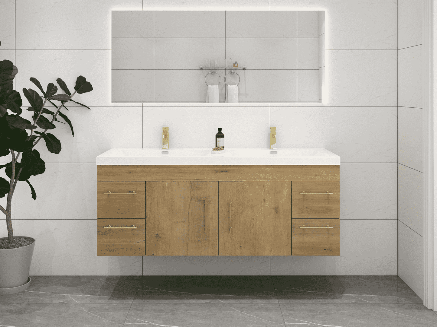 Elsa 60" Wall Mounted Floating Bathroom Vanity with Reinforced Acrylic Double Sink in Oak | Better Vanity