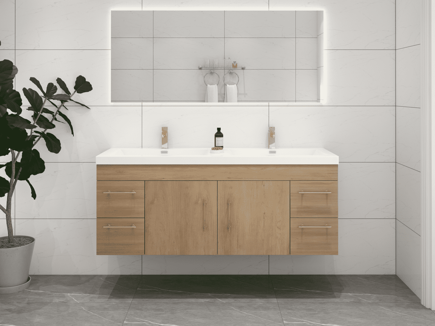 Elsa 60" Wall Mounted Floating Bathroom Vanity with Reinforced Acrylic Double Sink in White Oak | Better Vanity