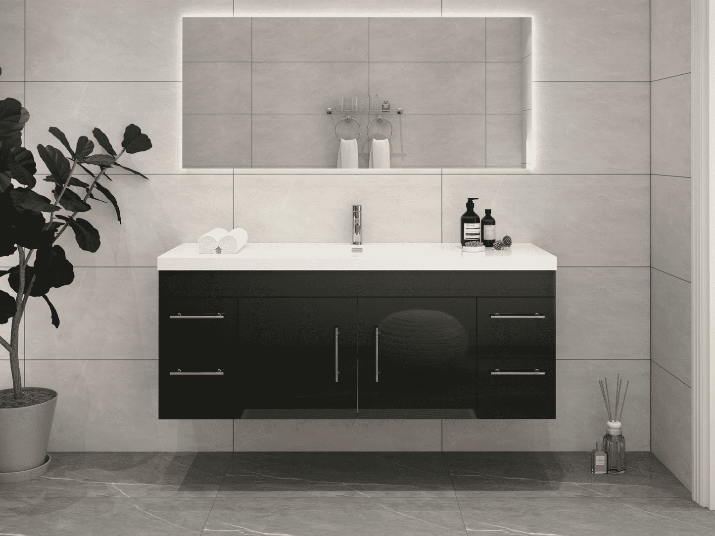 Elsa 60" Wall-Mounted Floating Bathroom Vanity with Reinforced Acrylic Sink in Gloss Black | Better Vanity