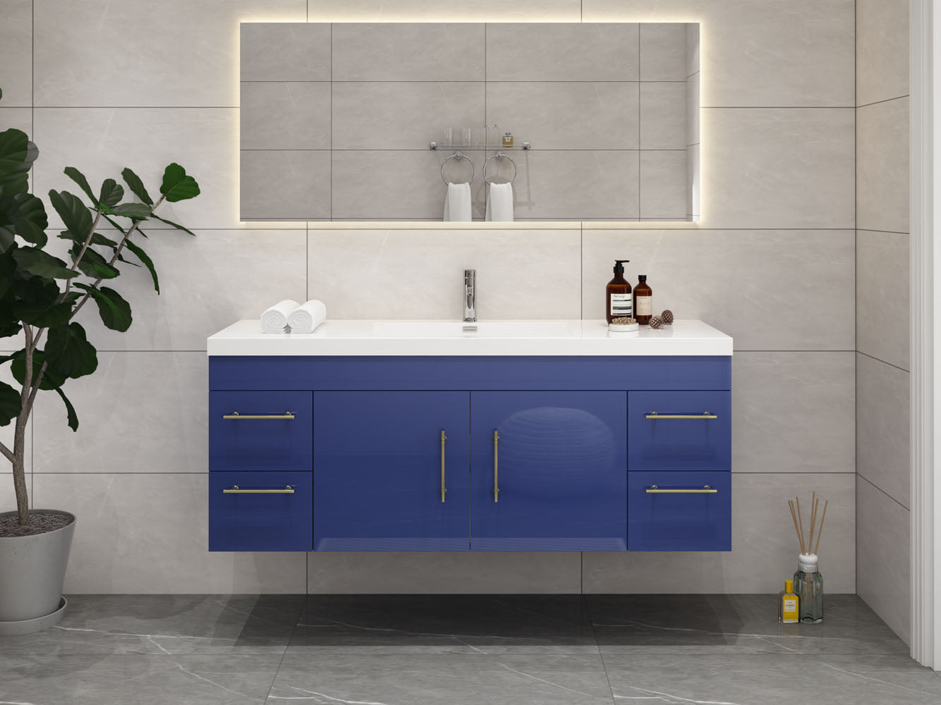 Elsa 60" Wall Mounted Floating Vanity in Glossy Night Blue