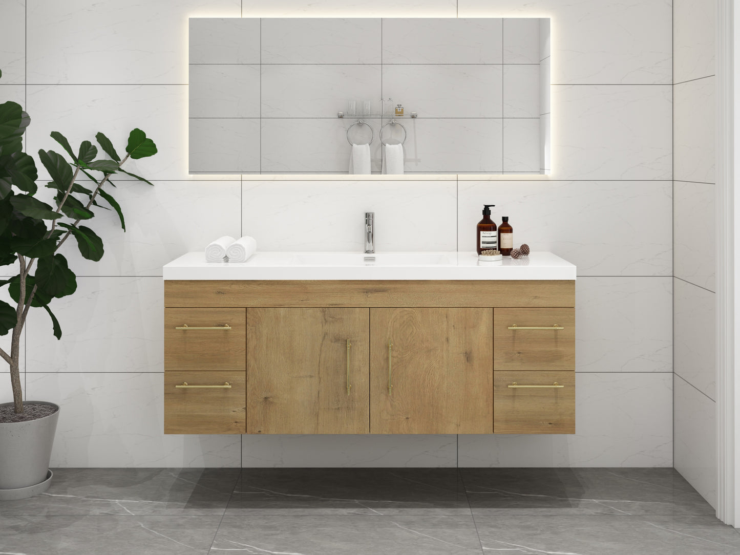 Elsa 60" Wall Mounted Floating Bathroom Vanity with Reinforced Acrylic Sink in Oak | Better Vanity
