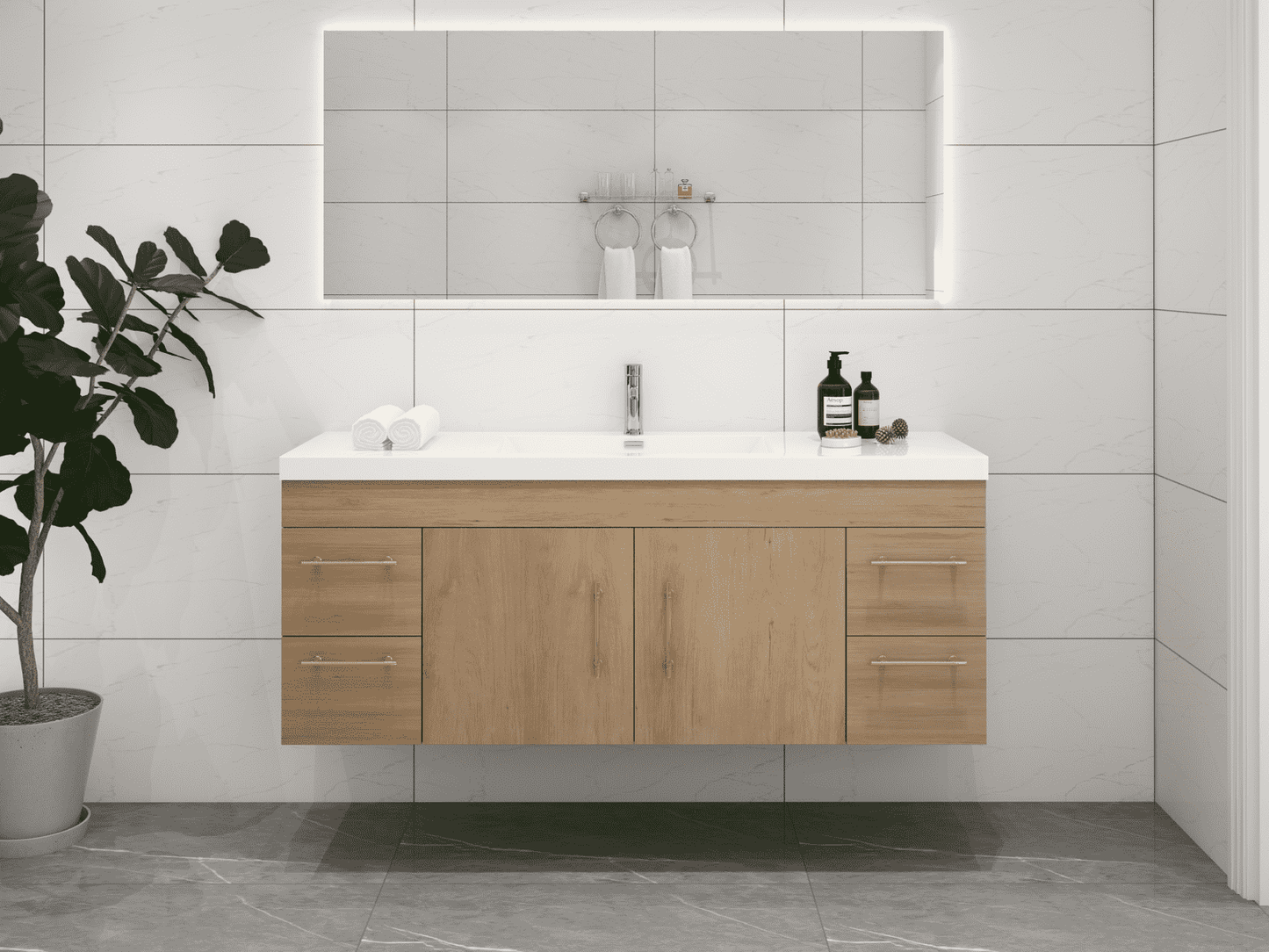 Elsa 60" Wall Mounted Floating Bathroom Vanity with Reinforced Acrylic Single Sink in White Oak | Better Vanity